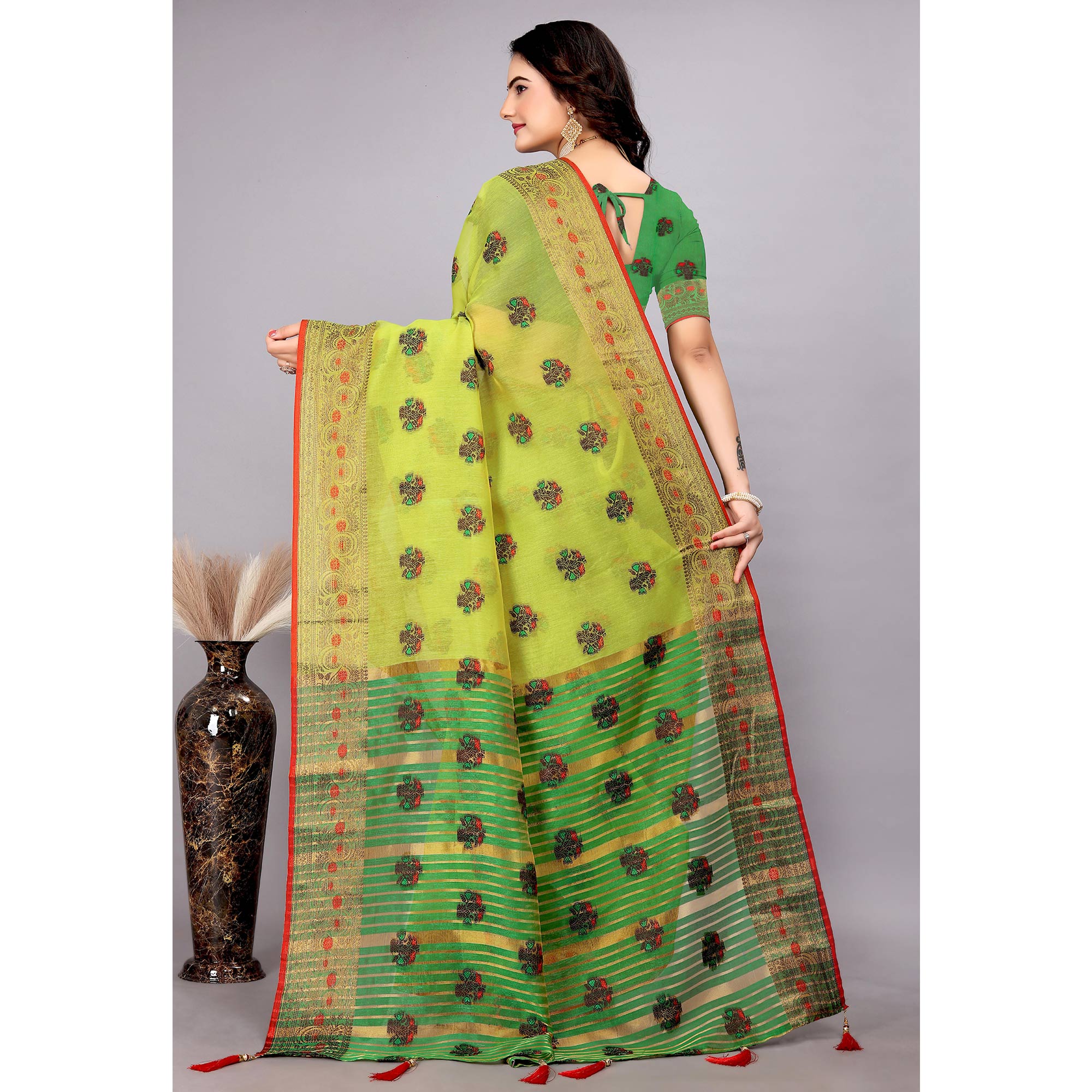 Lime Green Floral Woven Cotton Silk Saree With Tassels