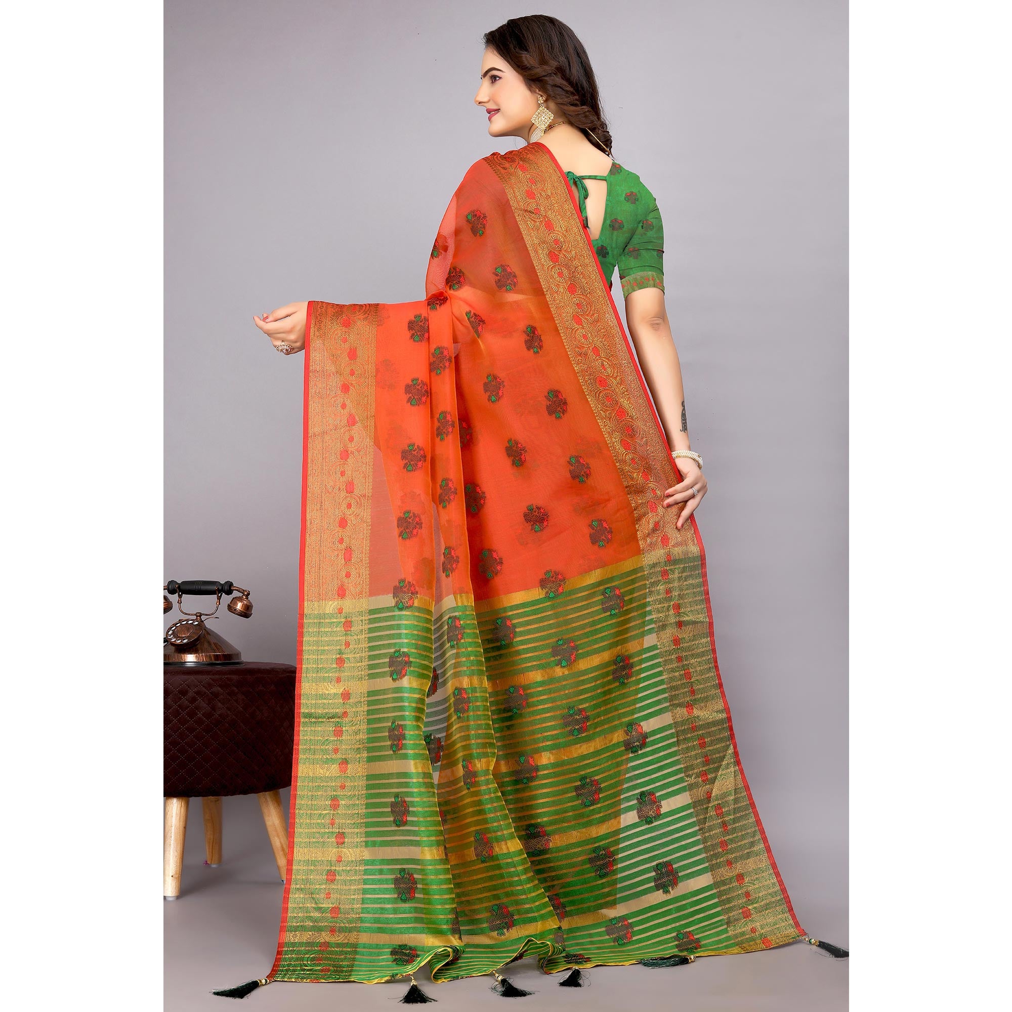 Red Floral Woven Cotton Silk Saree With Tassels