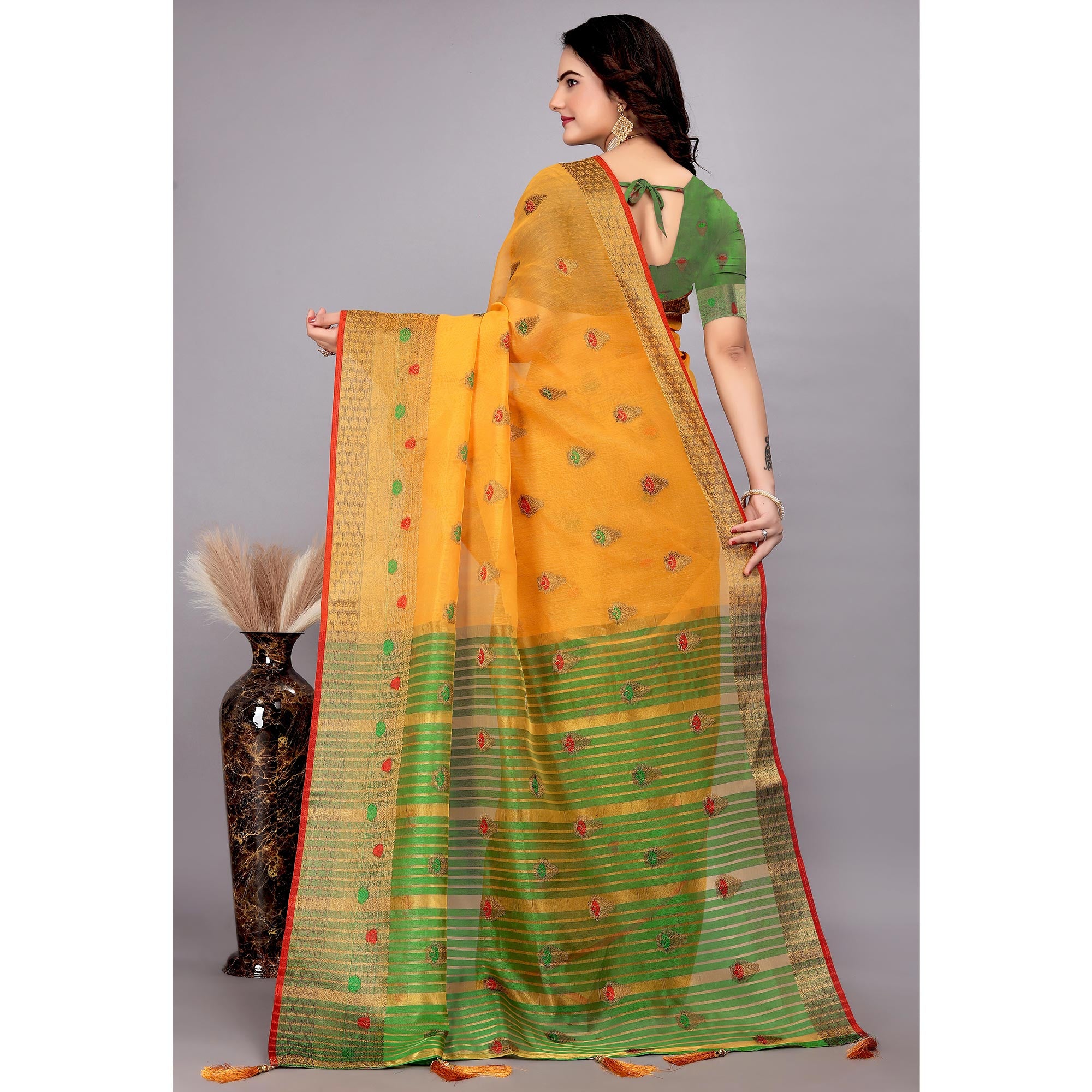 Yellow Floral Woven Cotton Silk Saree With Tassels