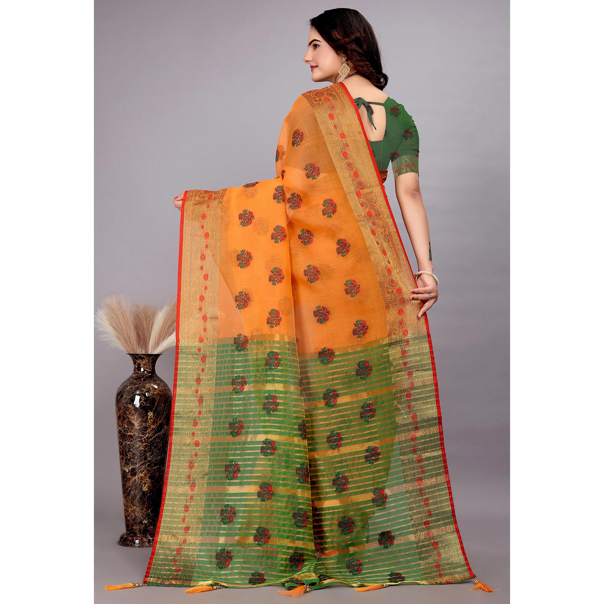 Orange Floral Woven Cotton Silk Saree With Tassels