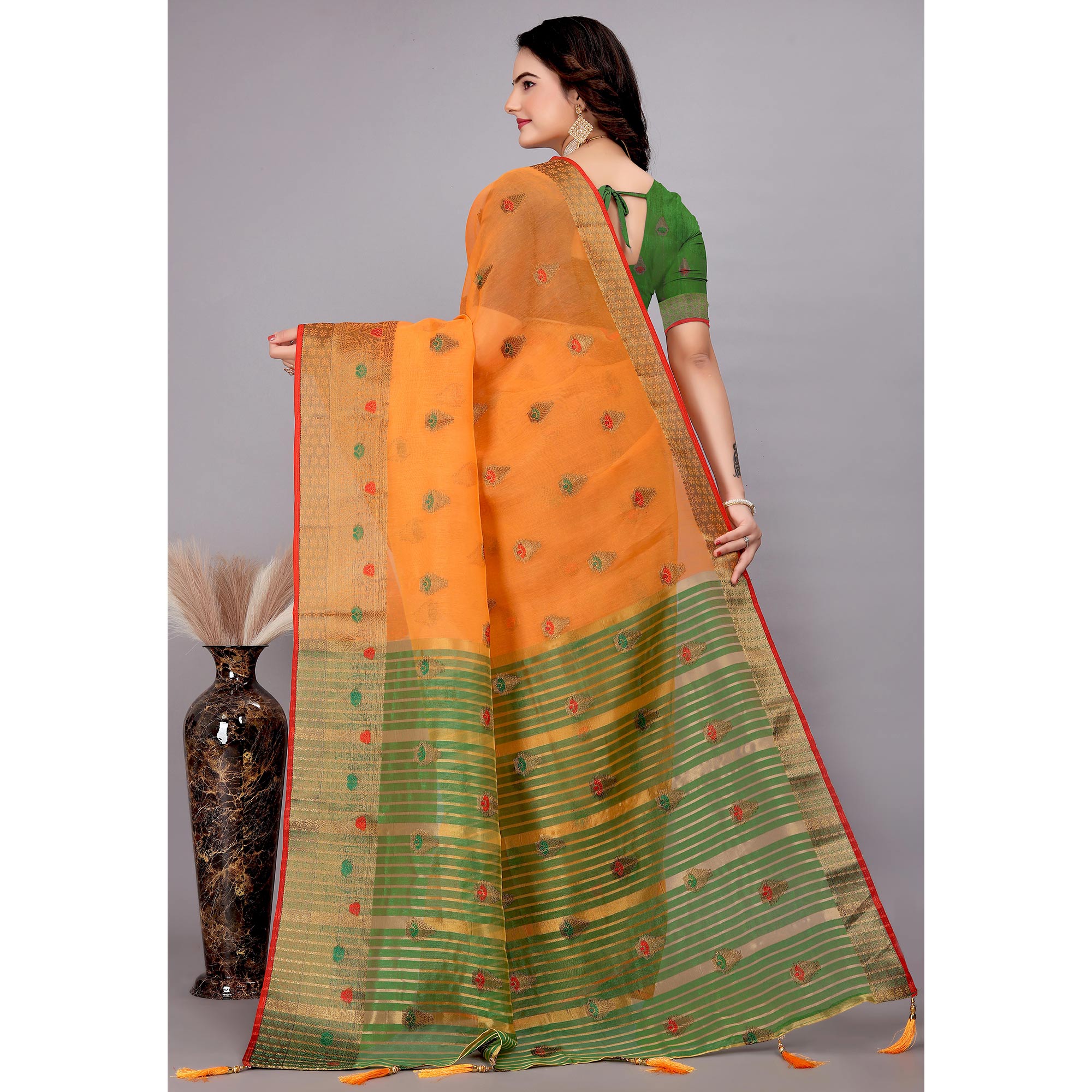 Orange Floral Woven Cotton Silk Saree With Tassels