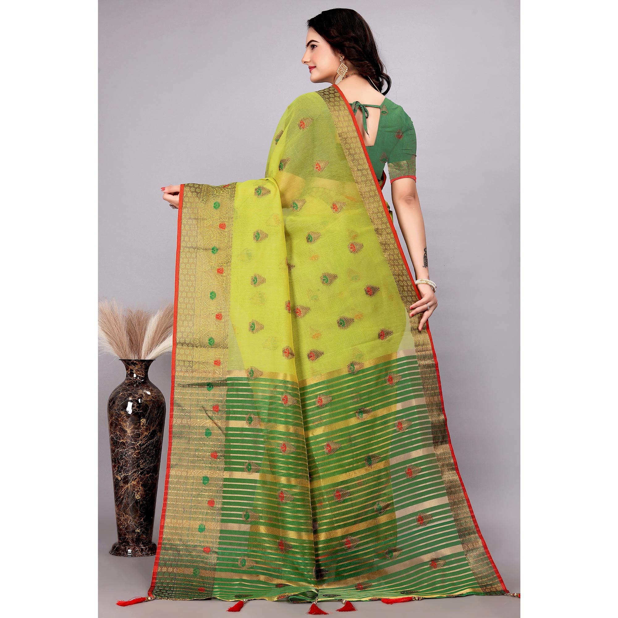 Lime Green Floral Woven Cotton Silk Saree With Tassels