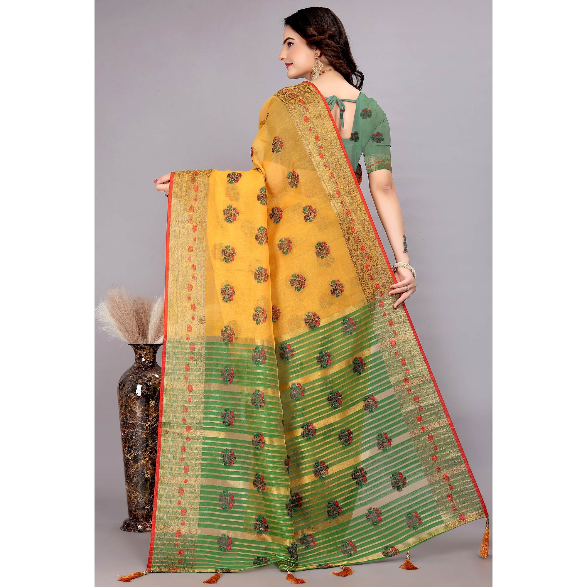 Yellow Floral Woven Cotton Silk Saree With Tassels