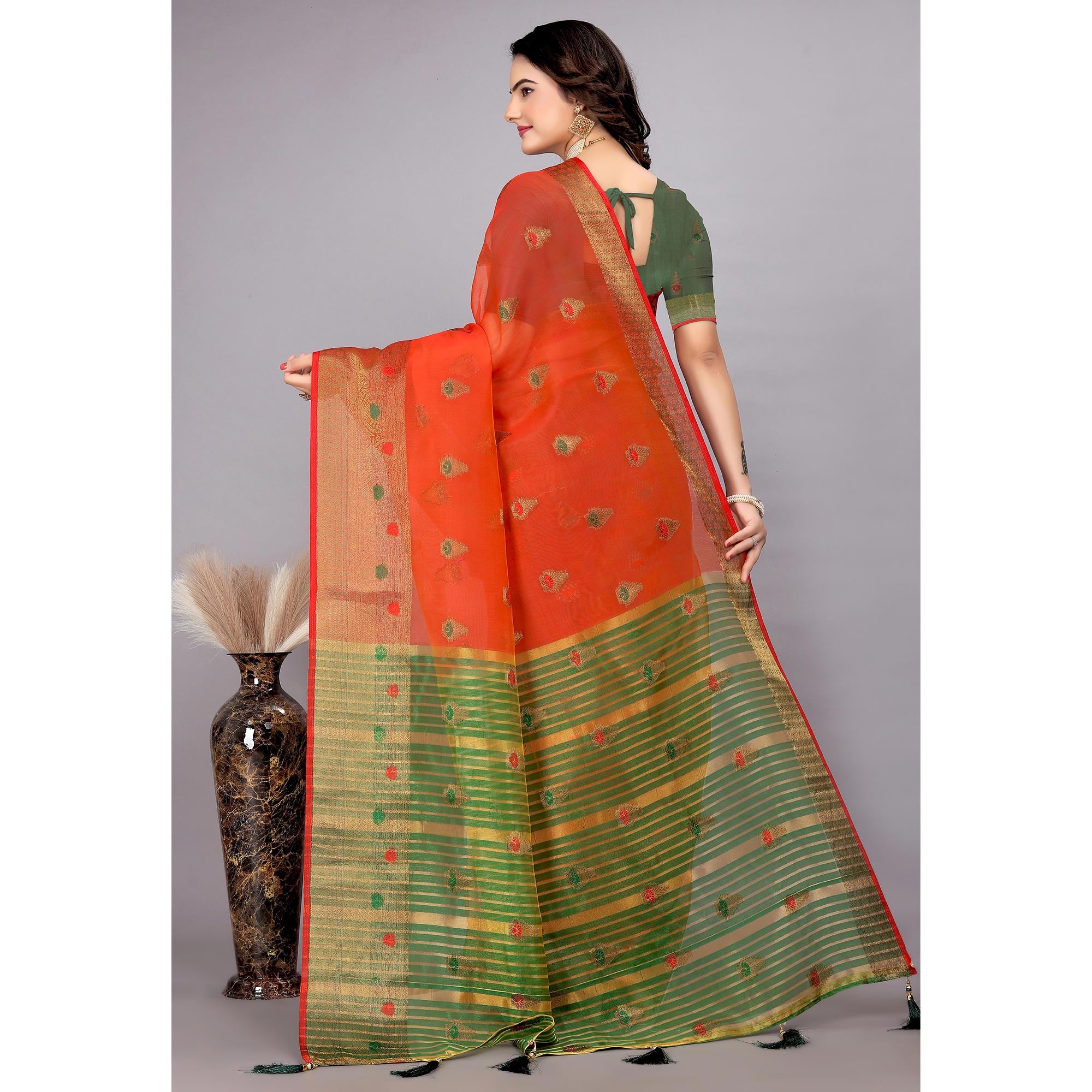 Red Floral Woven Cotton Silk Saree With Tassels