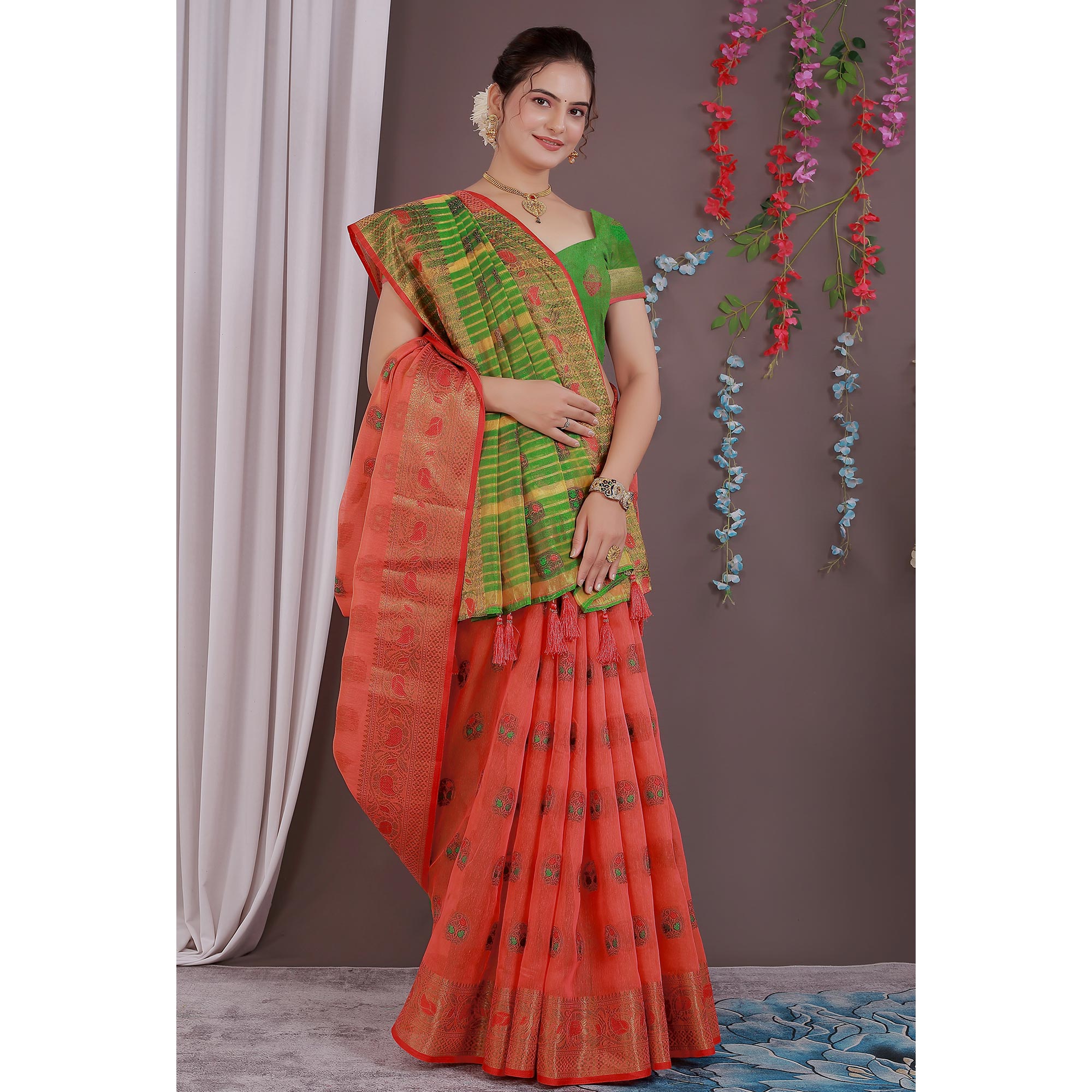 Red Floral Woven Cotton Silk Saree With Tassels