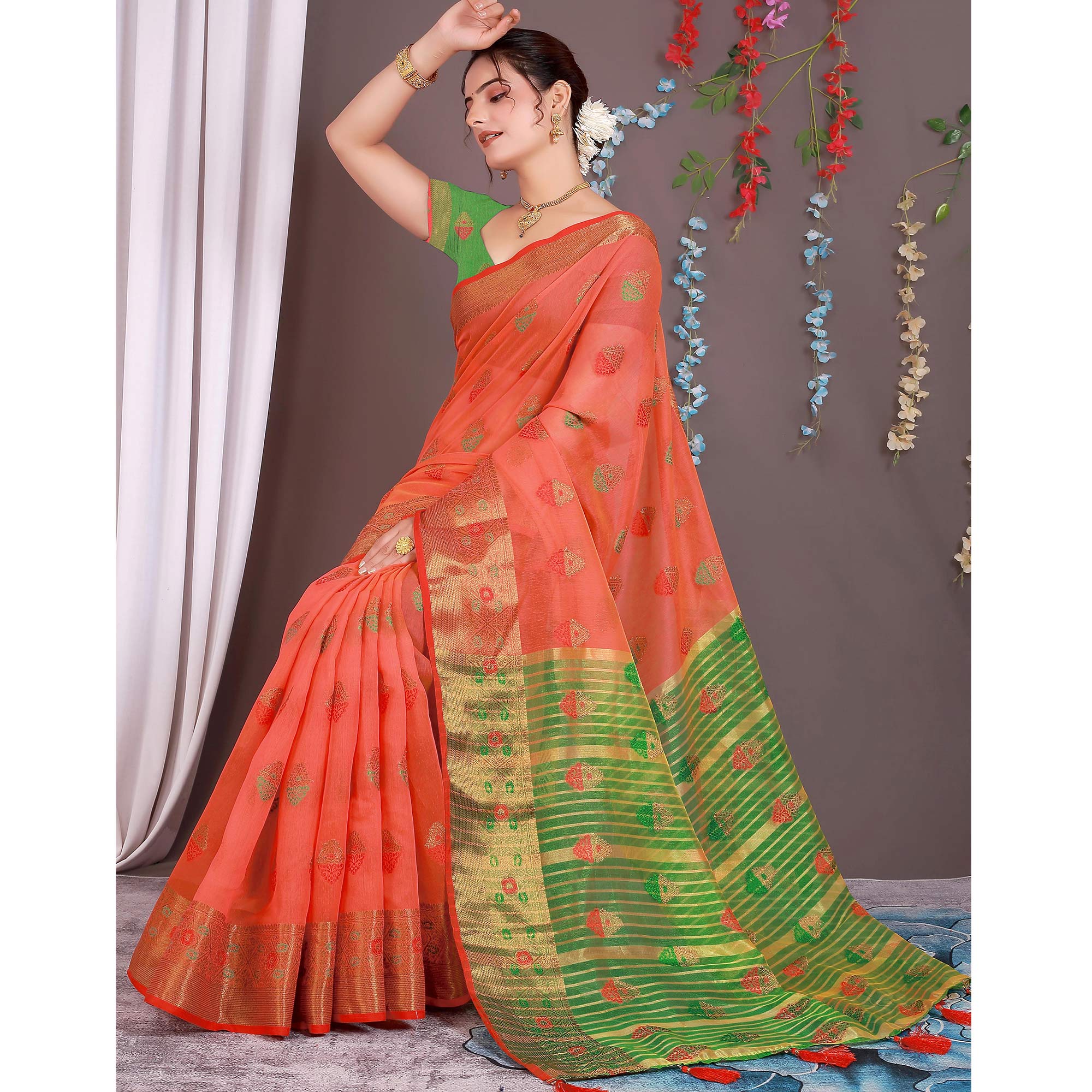 Red Floral Woven Cotton Silk Saree With Tassels