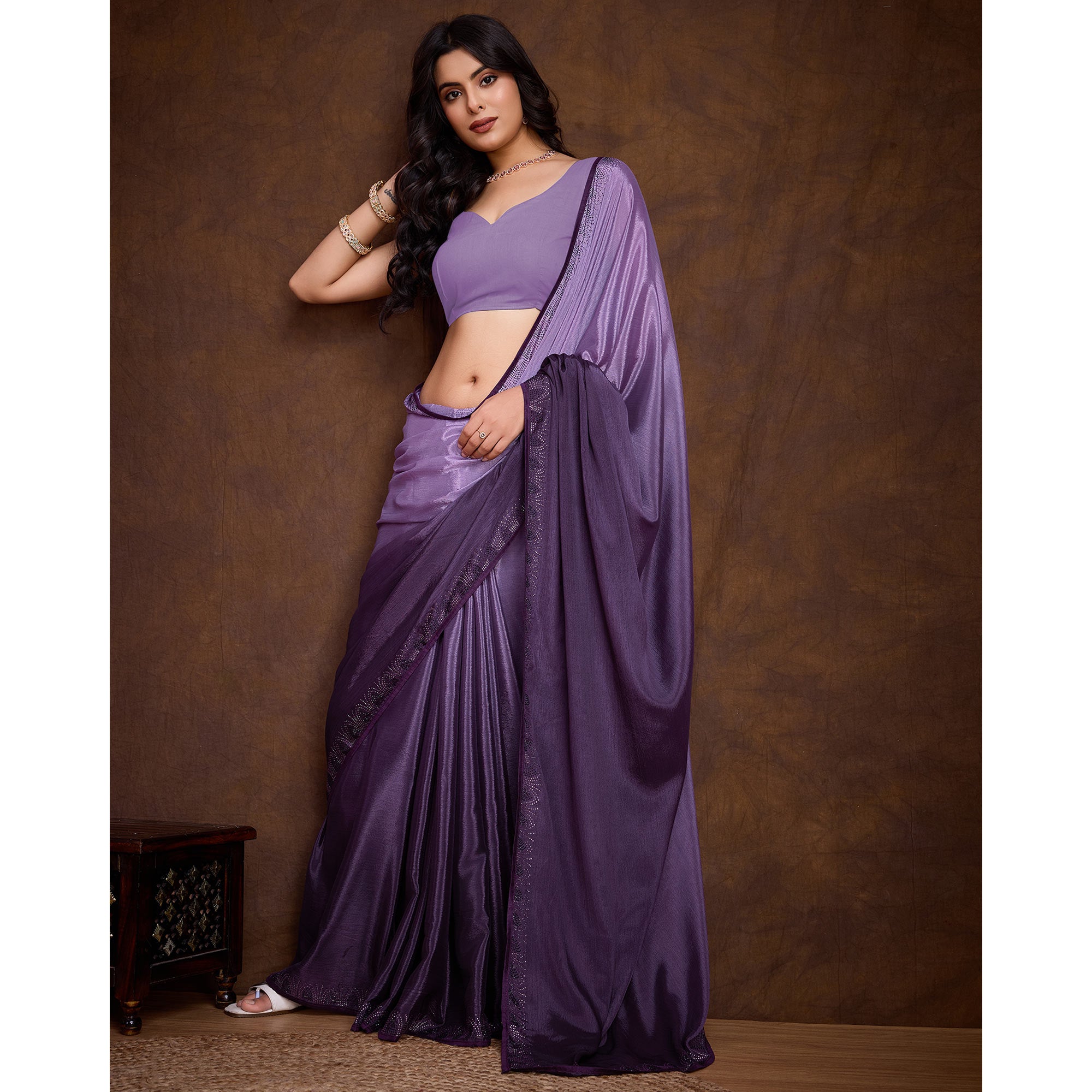 Purple Swarovski Border Work Chinon Ombre Saree