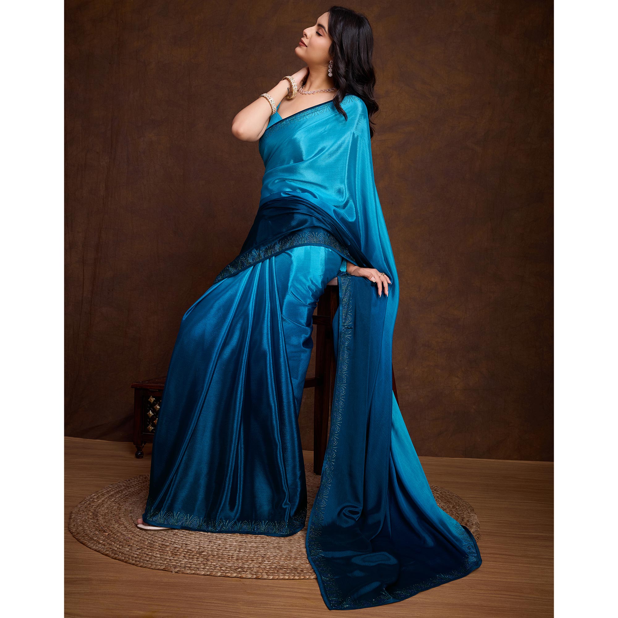 Blue Swarovski Border Work Chinon Ombre Saree