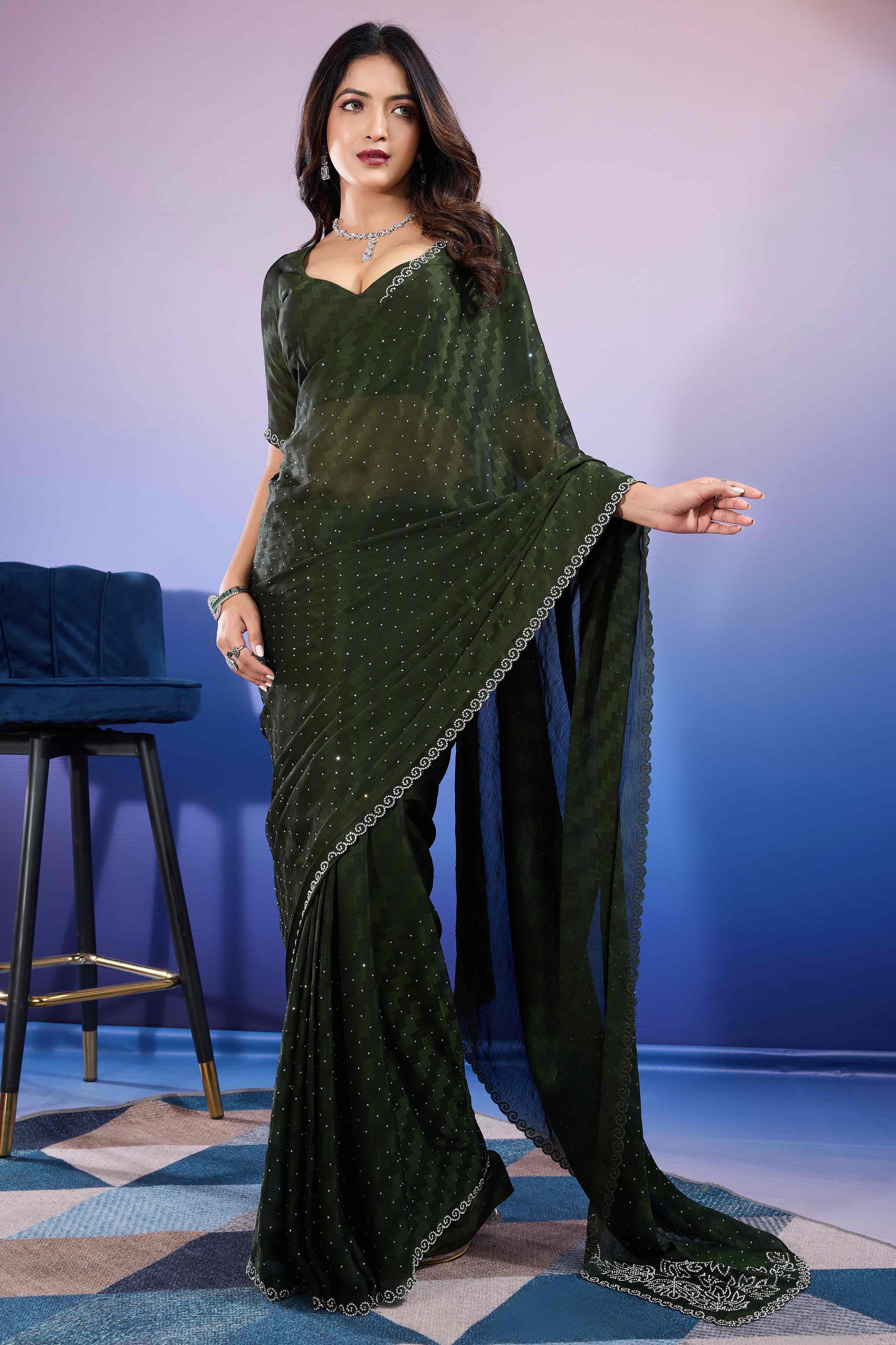 Bottle Green Diamond Zarkan Handwork Satin Chiffon Saree