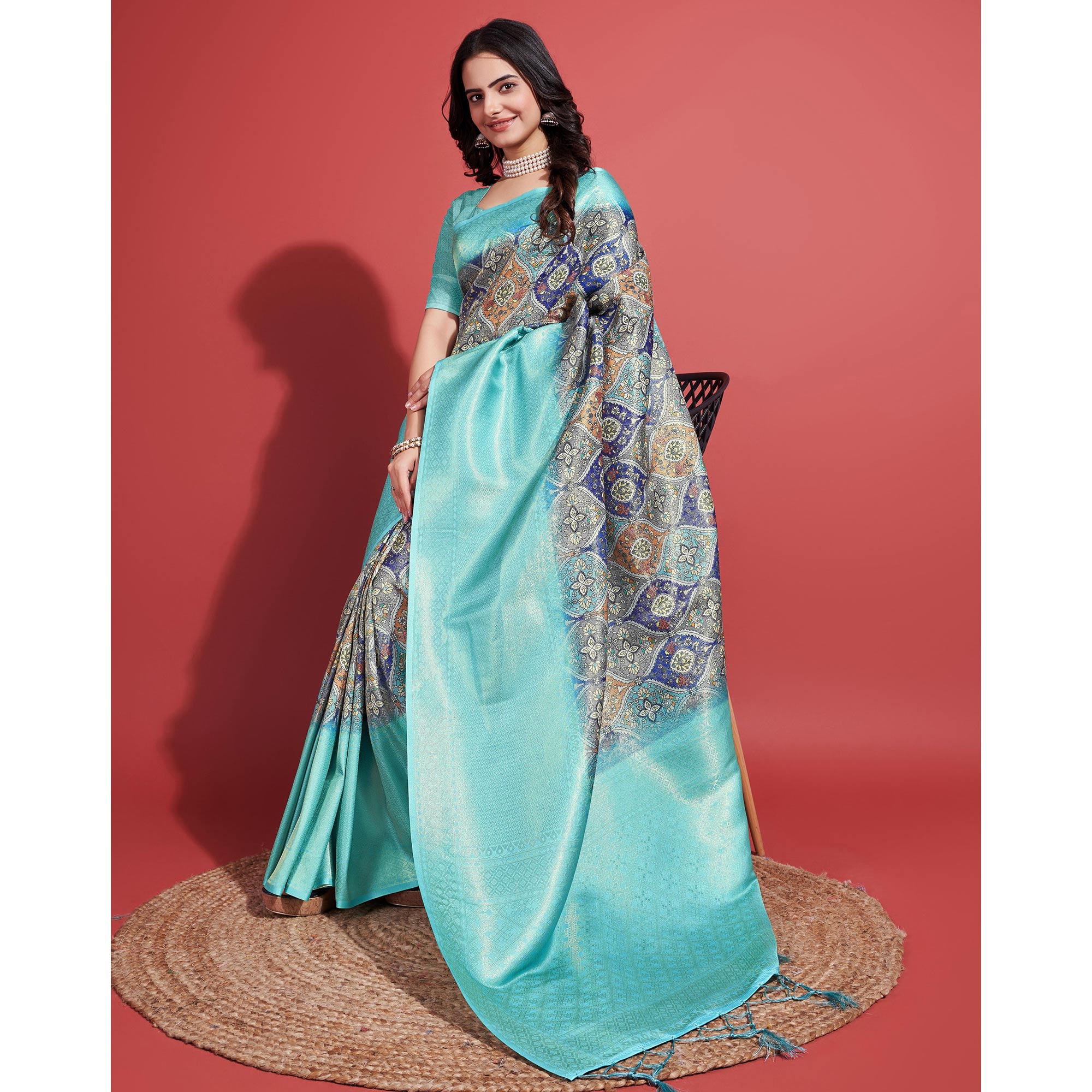 Aqua Floral Digital Printed With Woven Border Banarasi Silk Saree