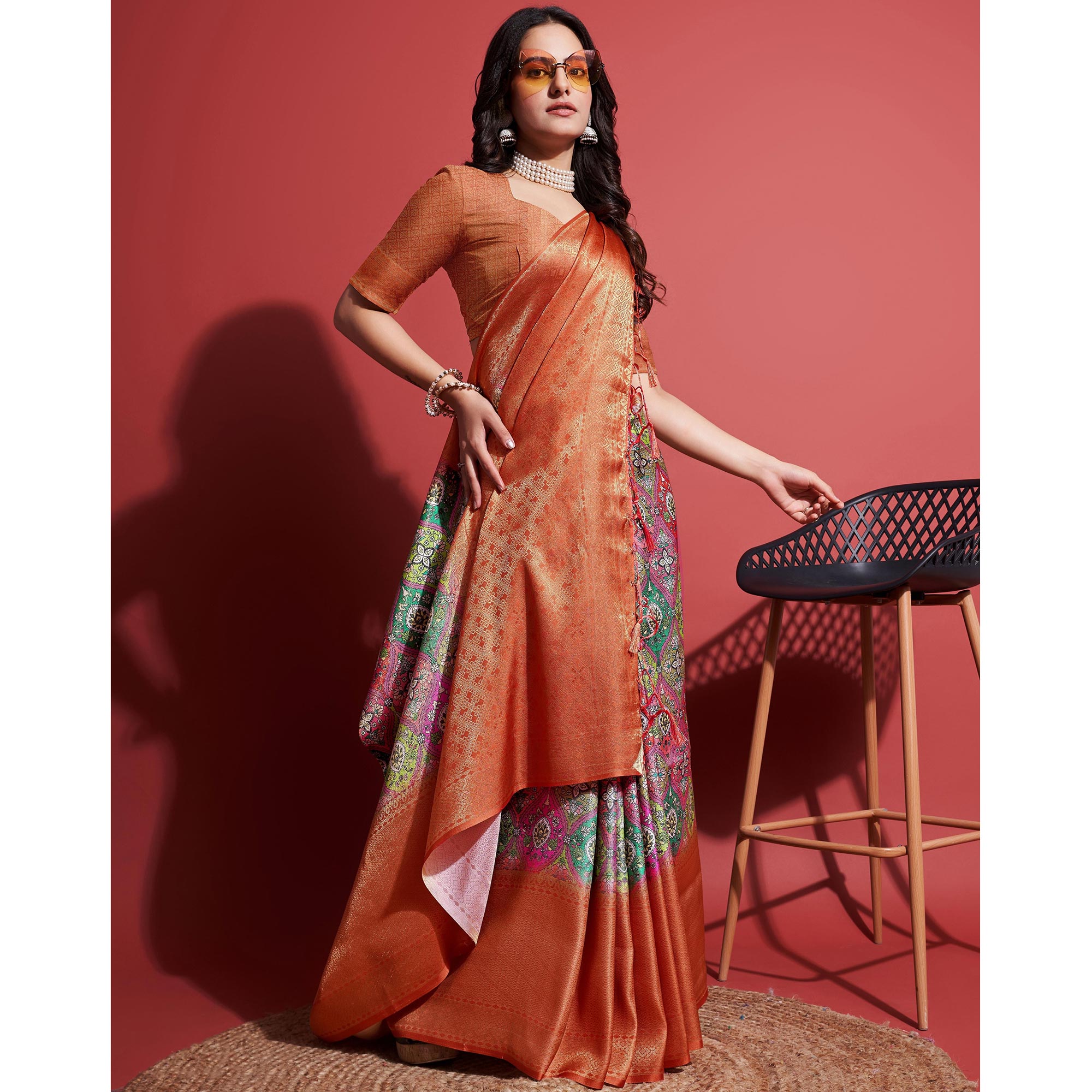 Orange Floral Digital Printed With Woven Border Banarasi Silk Saree