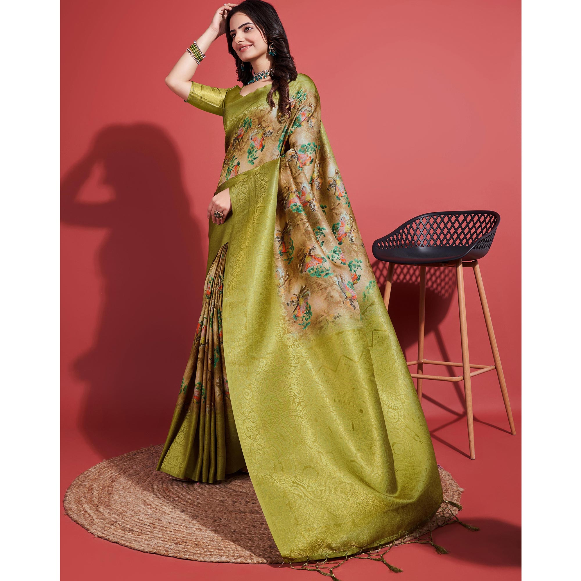 Green Floral Digital Printed With Woven Border Banarasi Silk Saree