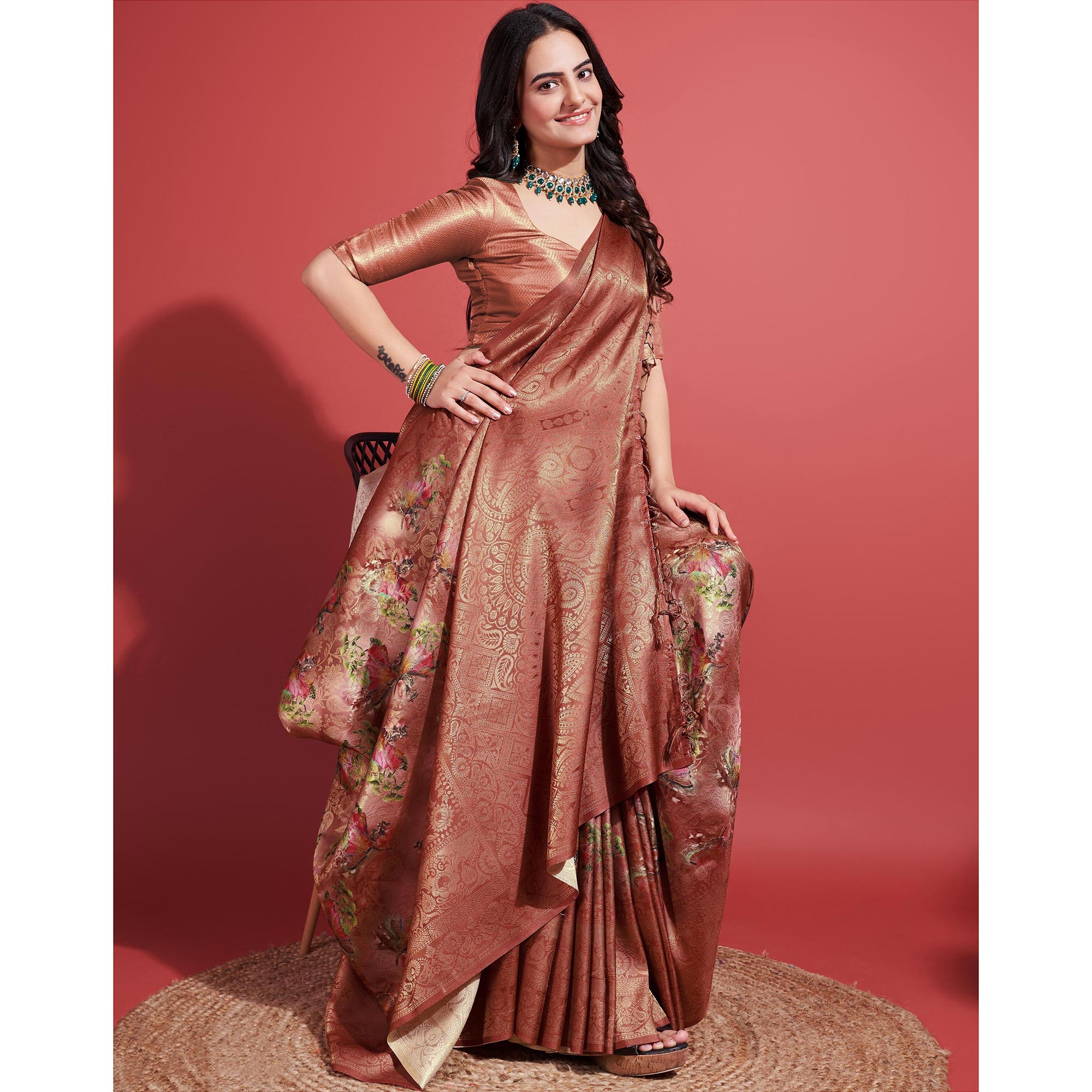 Brown Floral Digital Printed With Woven Border Banarasi Silk Saree