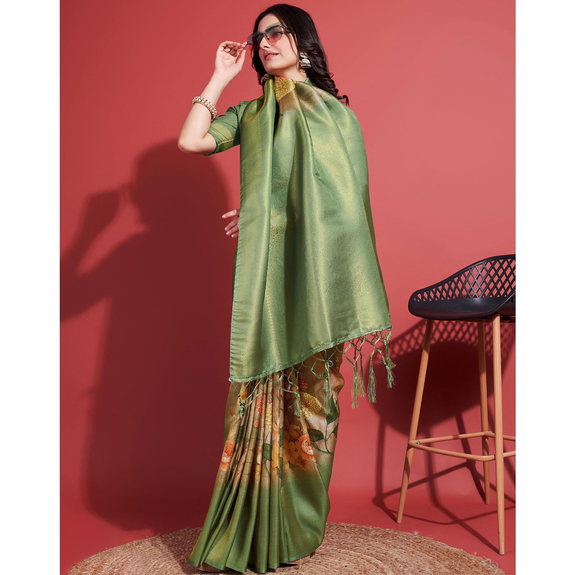 Olive Green Floral Digital Printed With Woven Banarasi Silk Saree