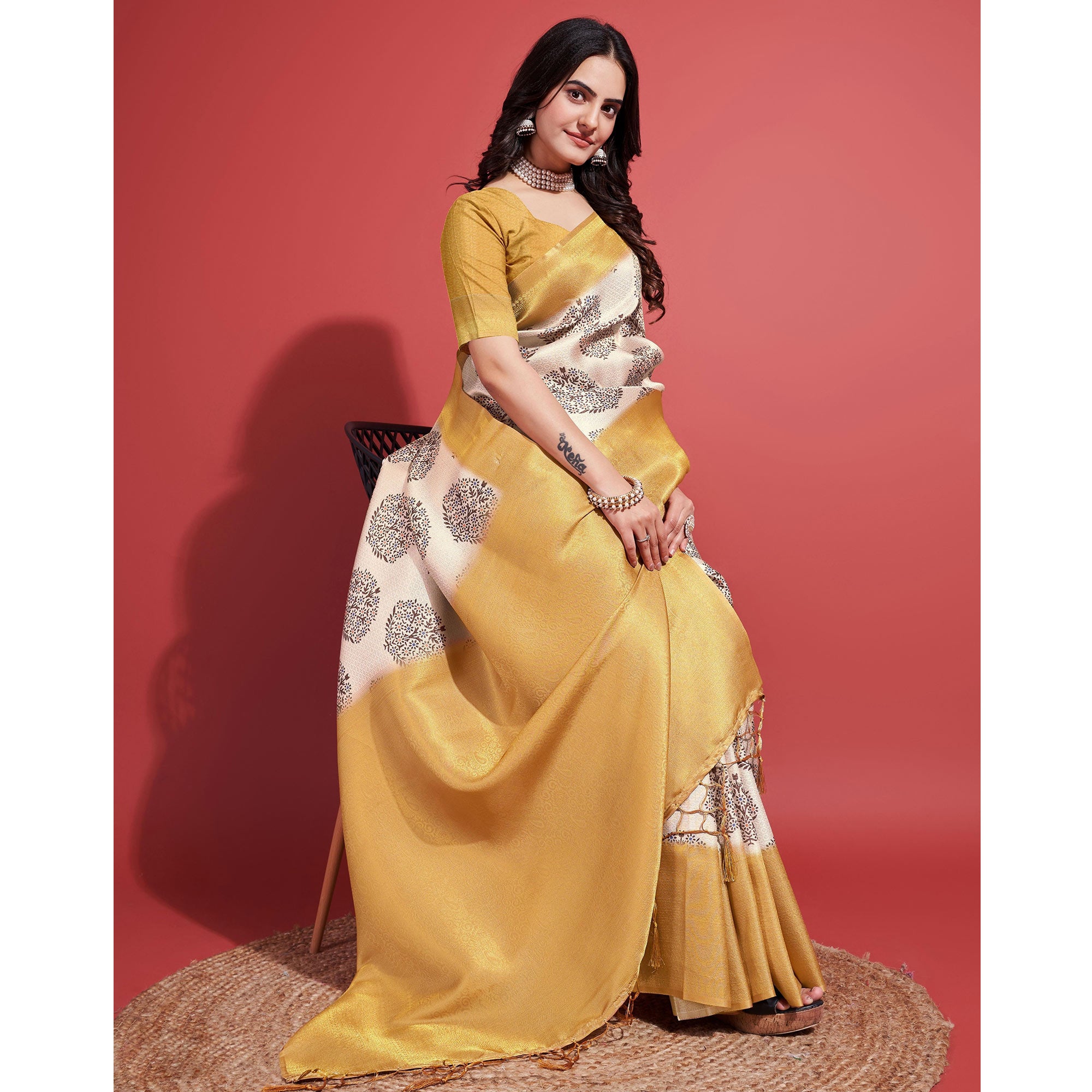 Yellow & Off White Floral Digital Printed With Woven Banarasi Silk Saree