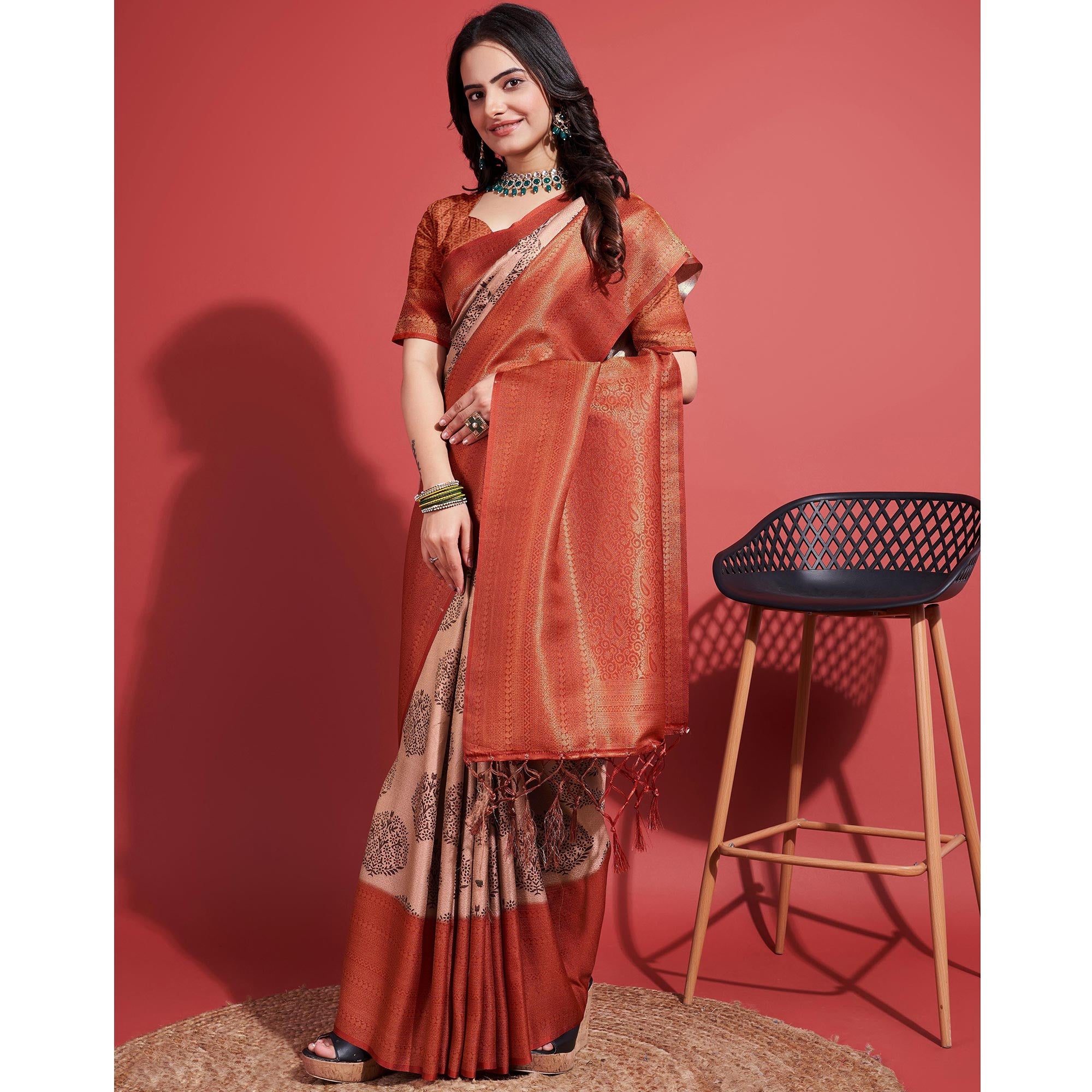 Rust & Beige Floral Digital Printed With Woven Banarasi Silk Saree