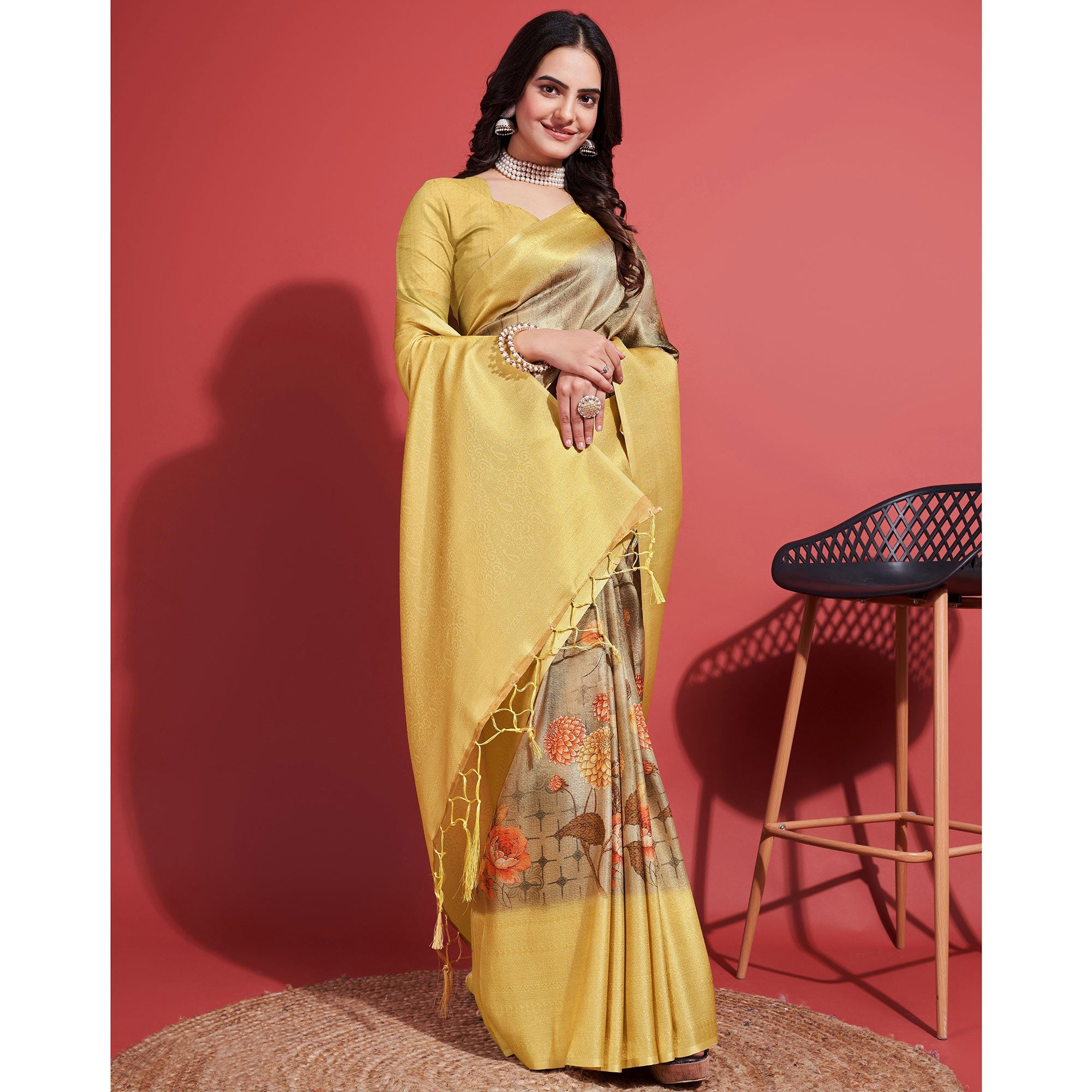 Yellow & Brown Floral Digital Printed With Woven Banarasi Silk Saree