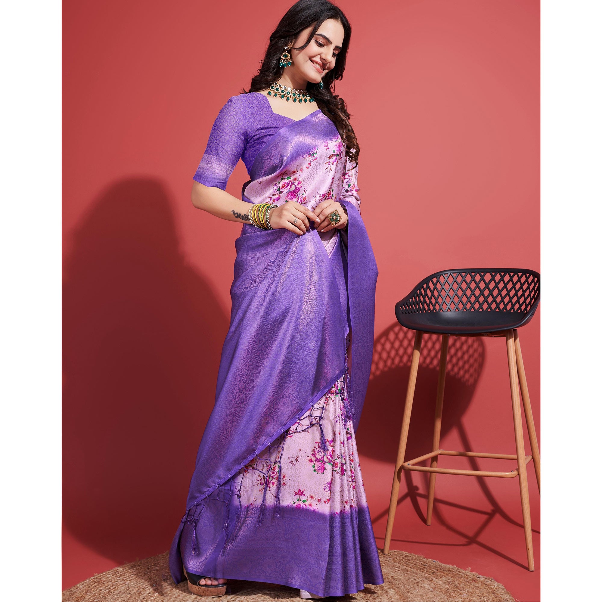 Lavender Floral Digital Printed With Woven Banarasi Silk Saree