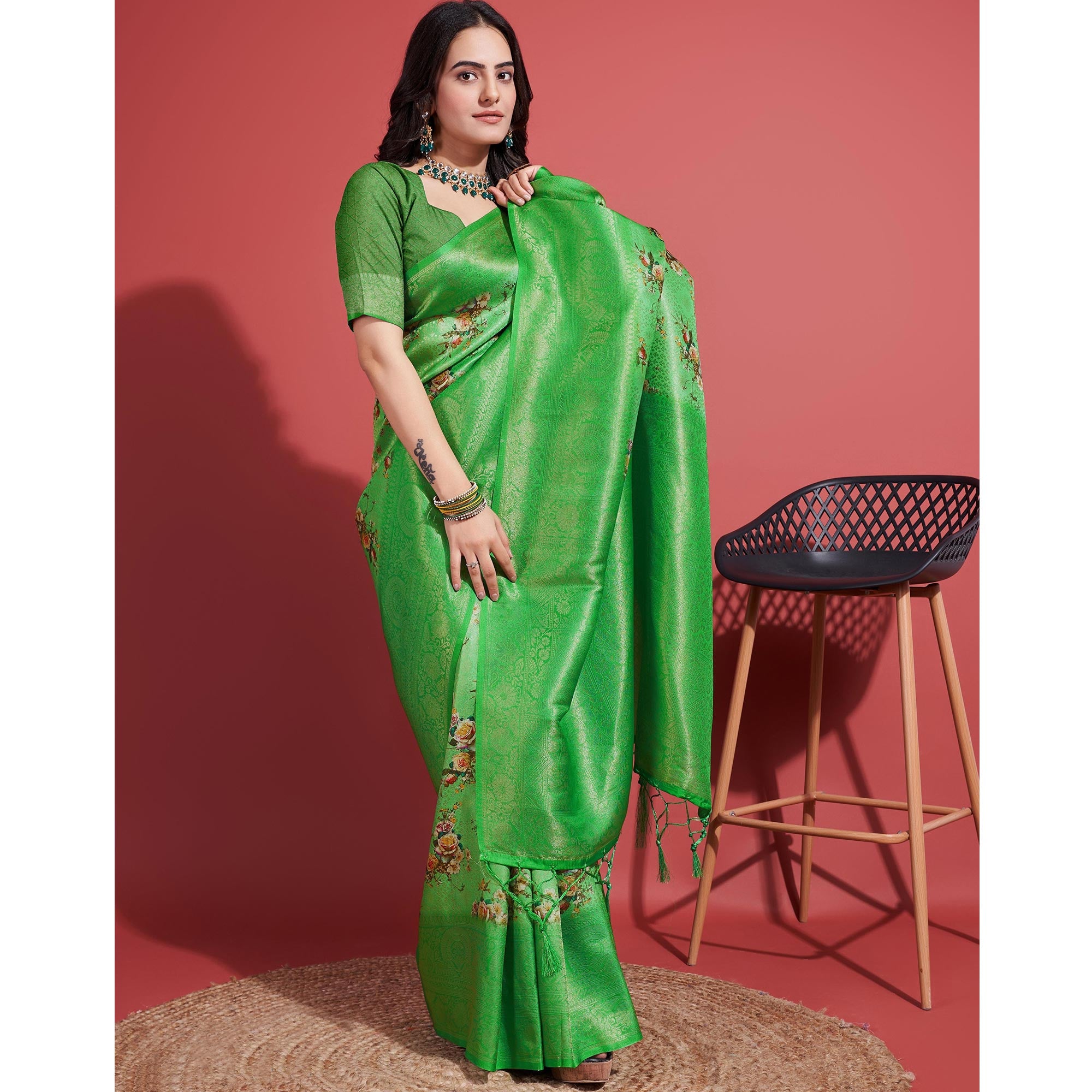 Green Floral Digital Printed With Woven Banarasi Silk Saree