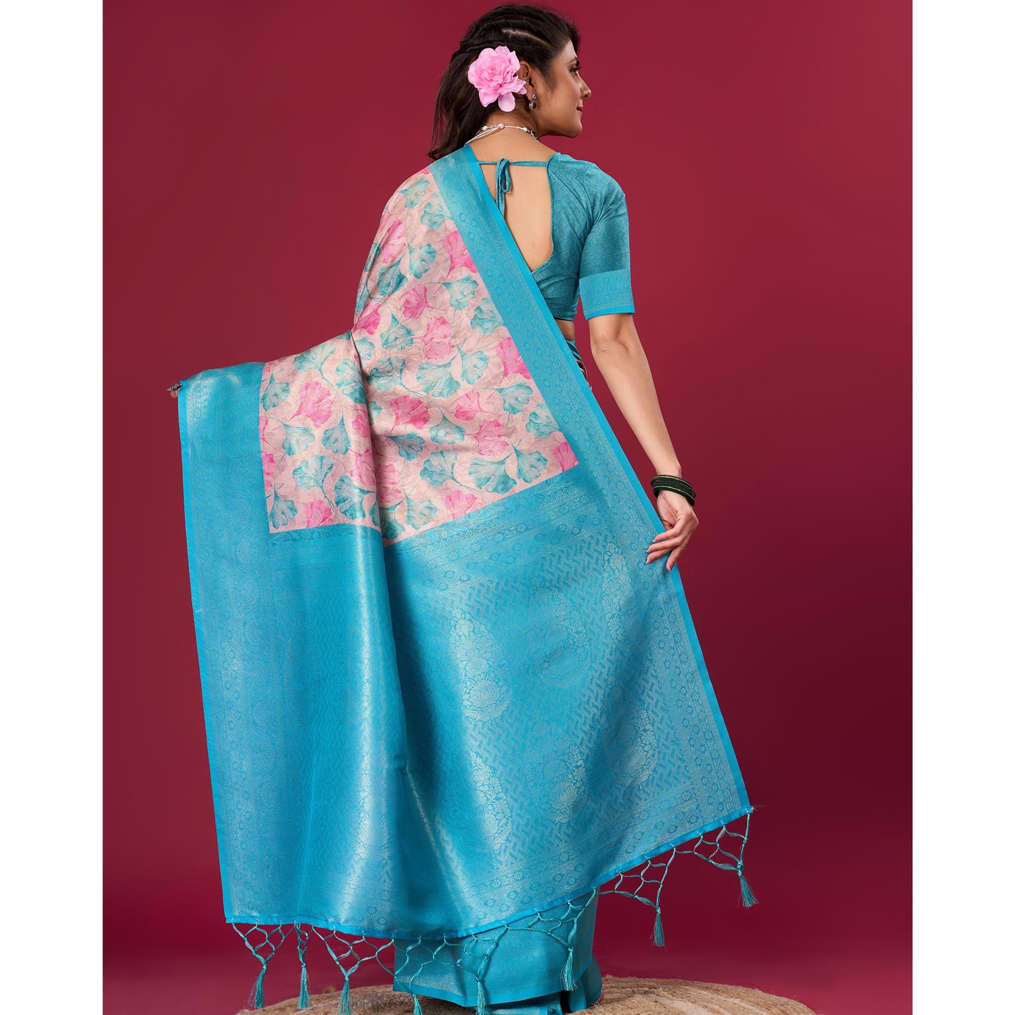 Turquoise Floral Digital Printed With Woven Pure Silk Saree