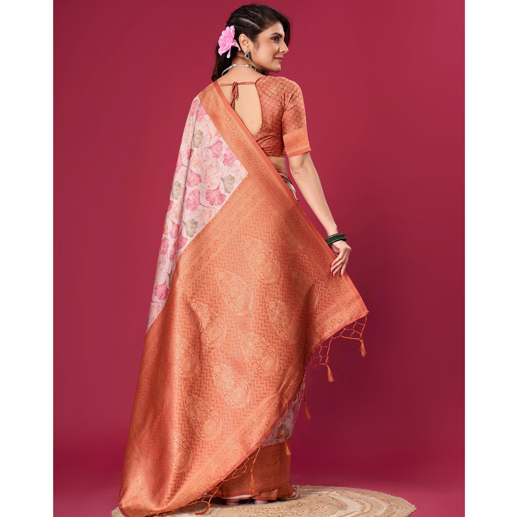 Rust Floral Digital Printed With Woven Pure Silk Saree