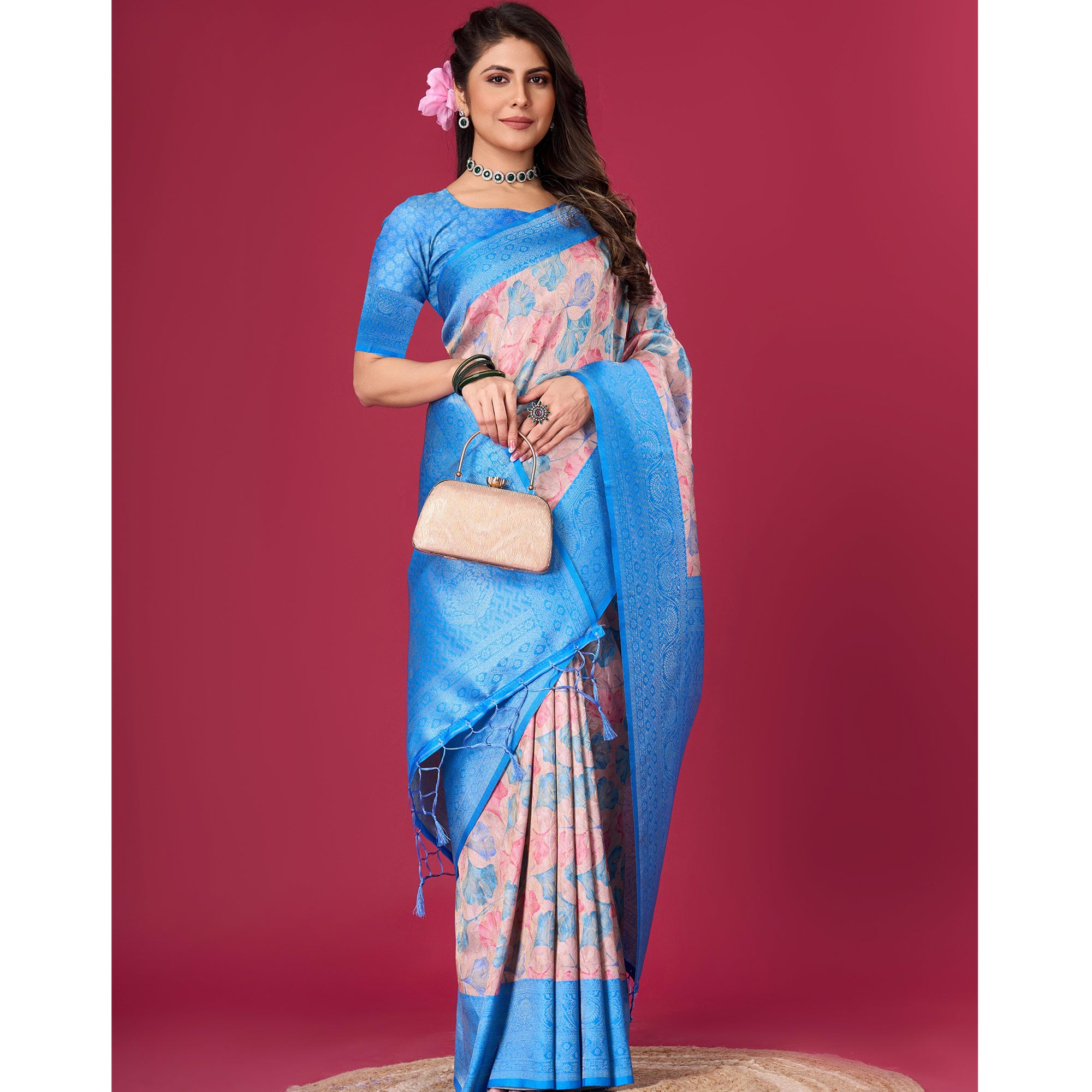 Blue Floral Digital Printed With Woven Pure Silk Saree