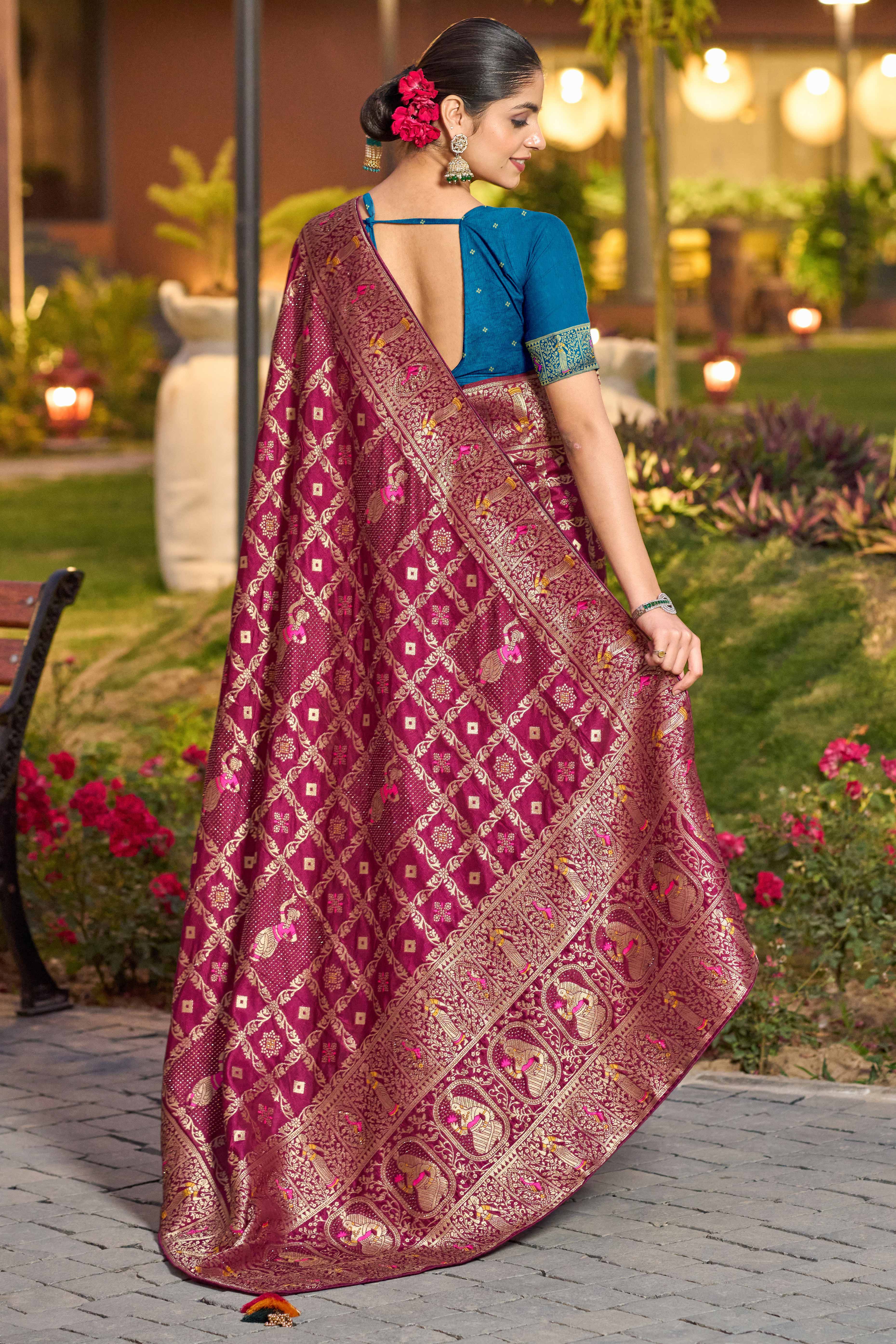 Burgundy Dola Silk Saree Featuring Intricate Gharchola Woven Design