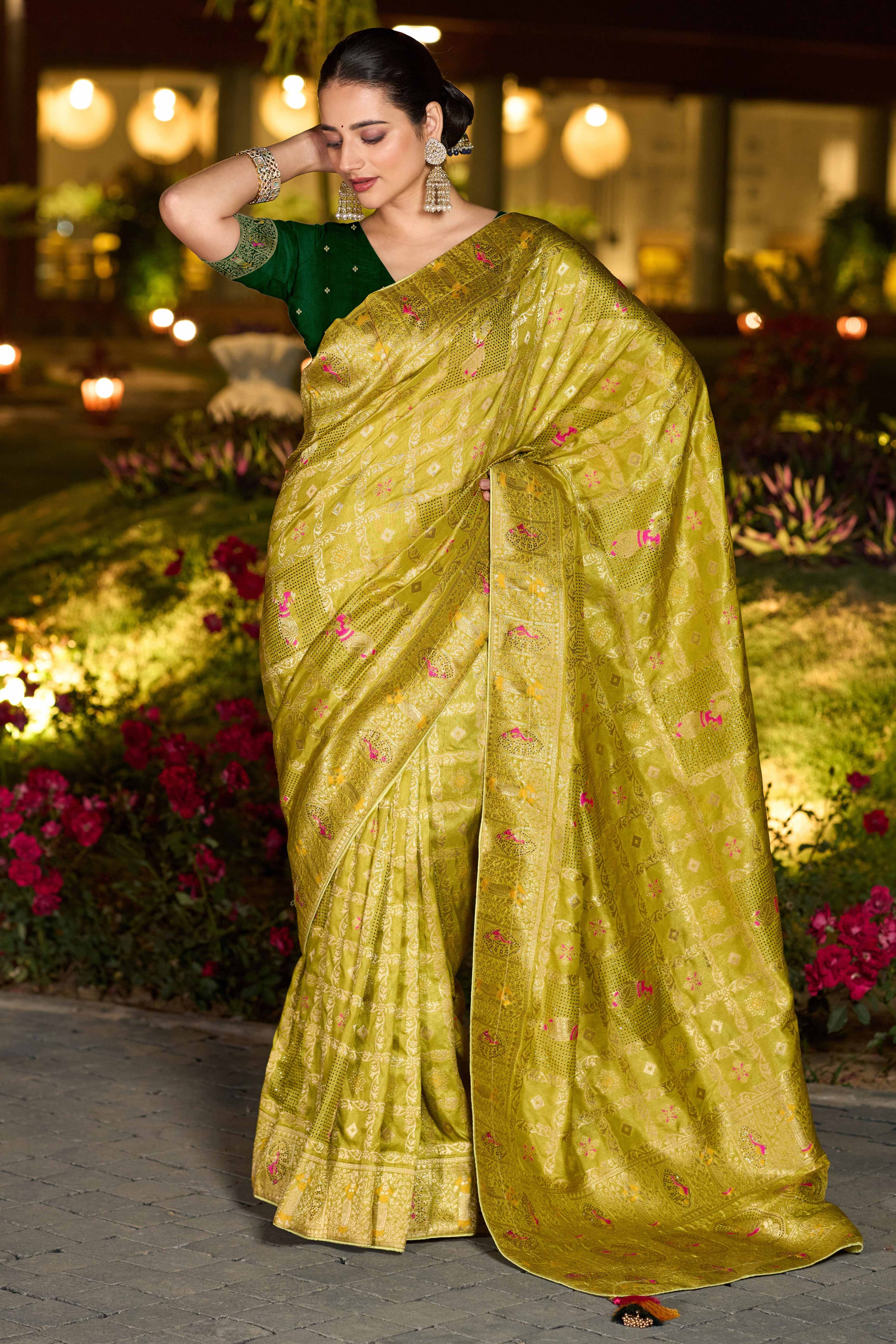 Olive Dola Silk Saree Featuring Intricate Gharchola Woven Design