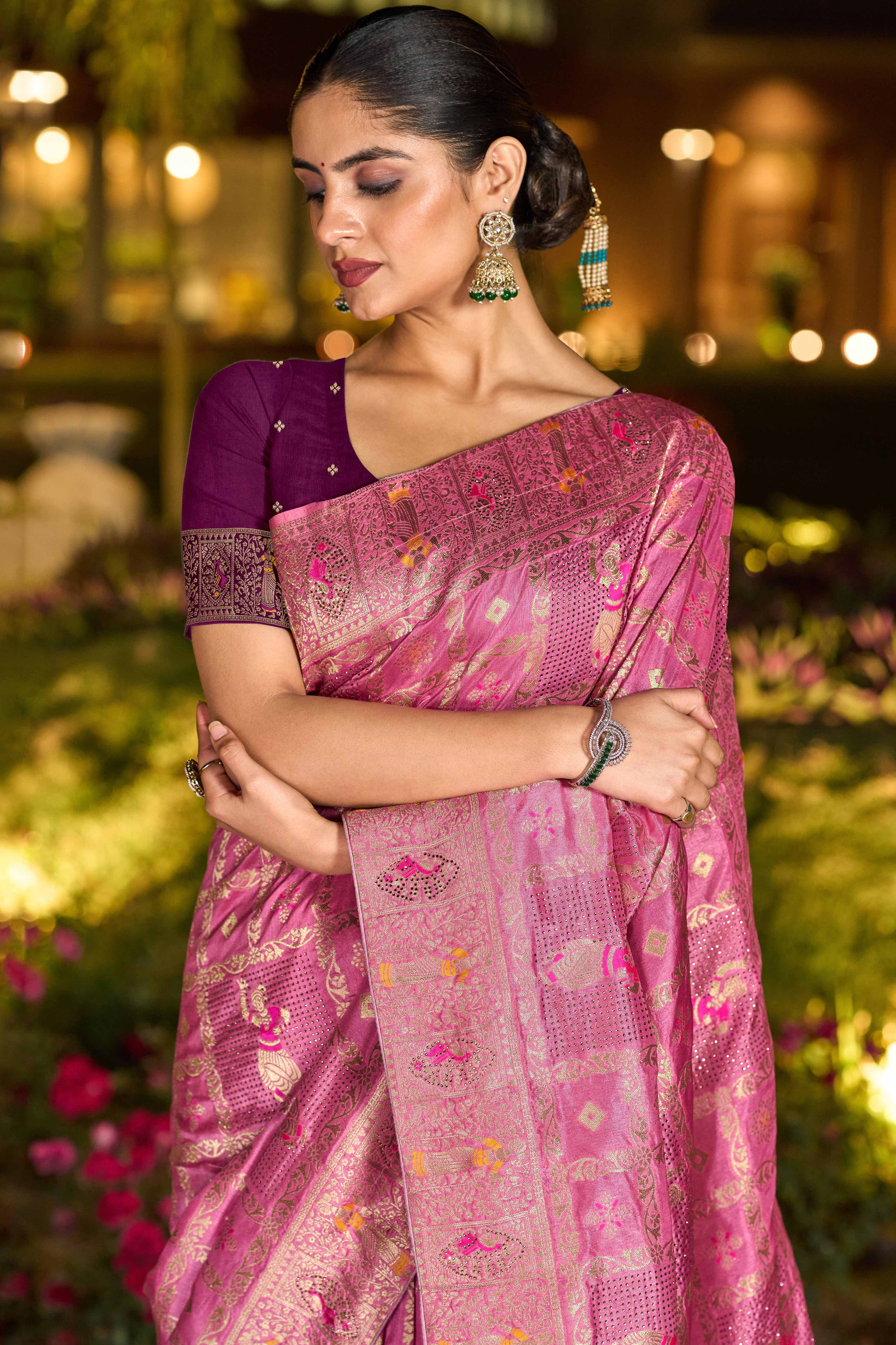 Dusty Pink Dola Silk Saree Featuring Intricate Gharchola Woven Design