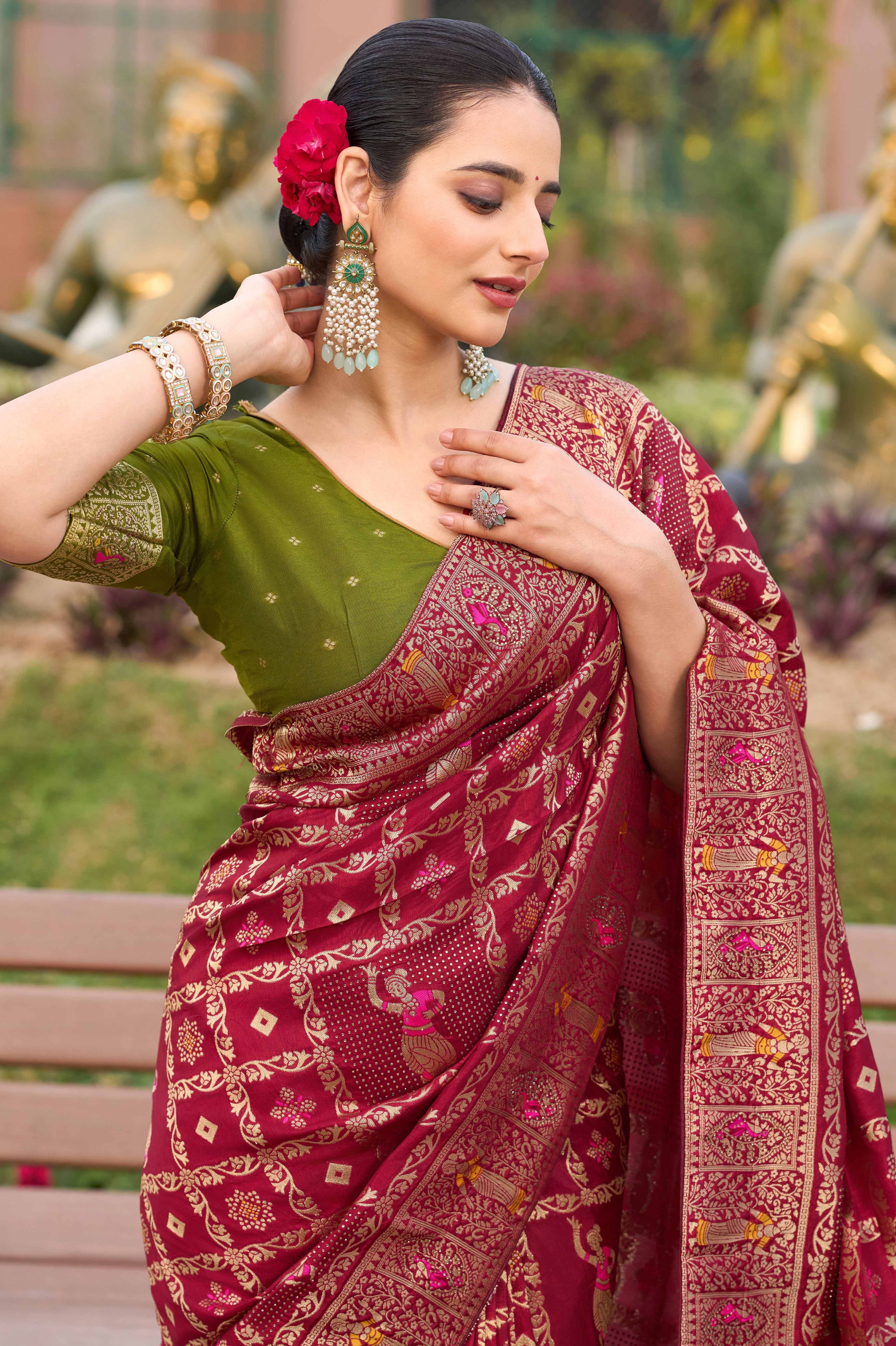 Wine Dola Silk Saree Featuring Intricate Gharchola Woven Design