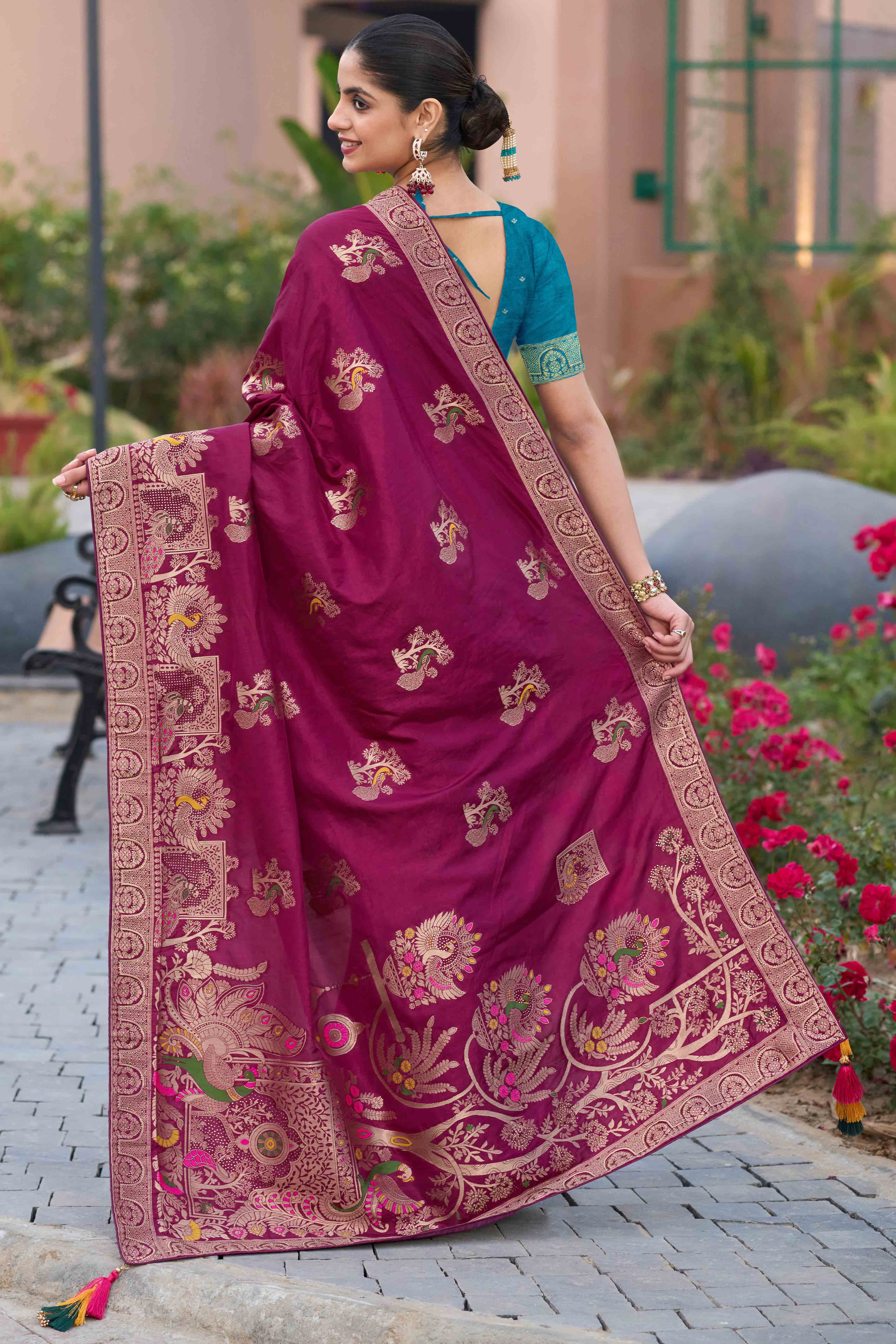 Royal Dark Magenta Dola Silk Saree With Intricate Zari Weaving & Swarovski Embellishments