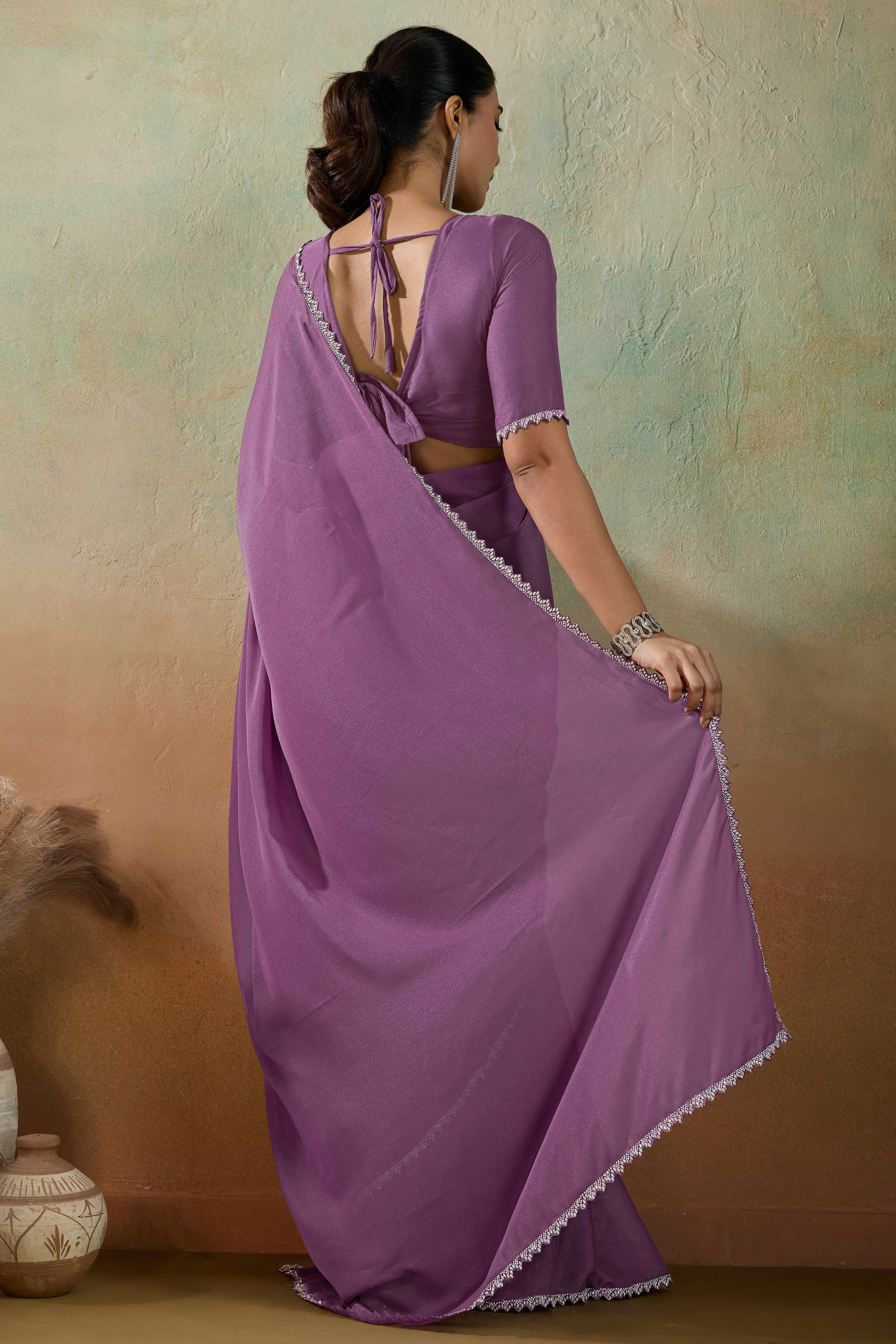 Orchid Purple Solid Matt Georgette Saree With Ceramic Embellished Lace Border