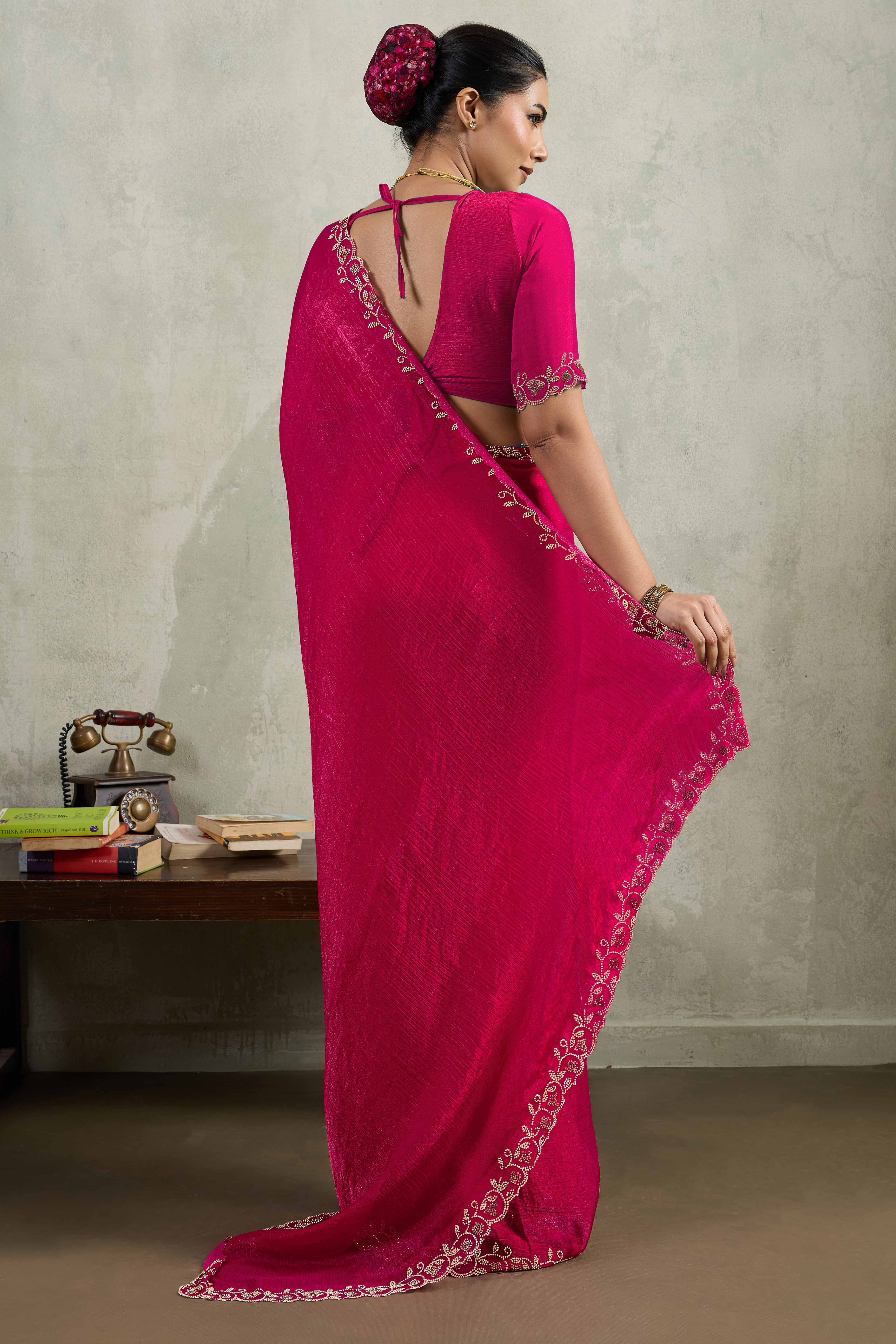 Pink Velvet Chiffon Saree Accented with Sparkling Zarkan Detailing