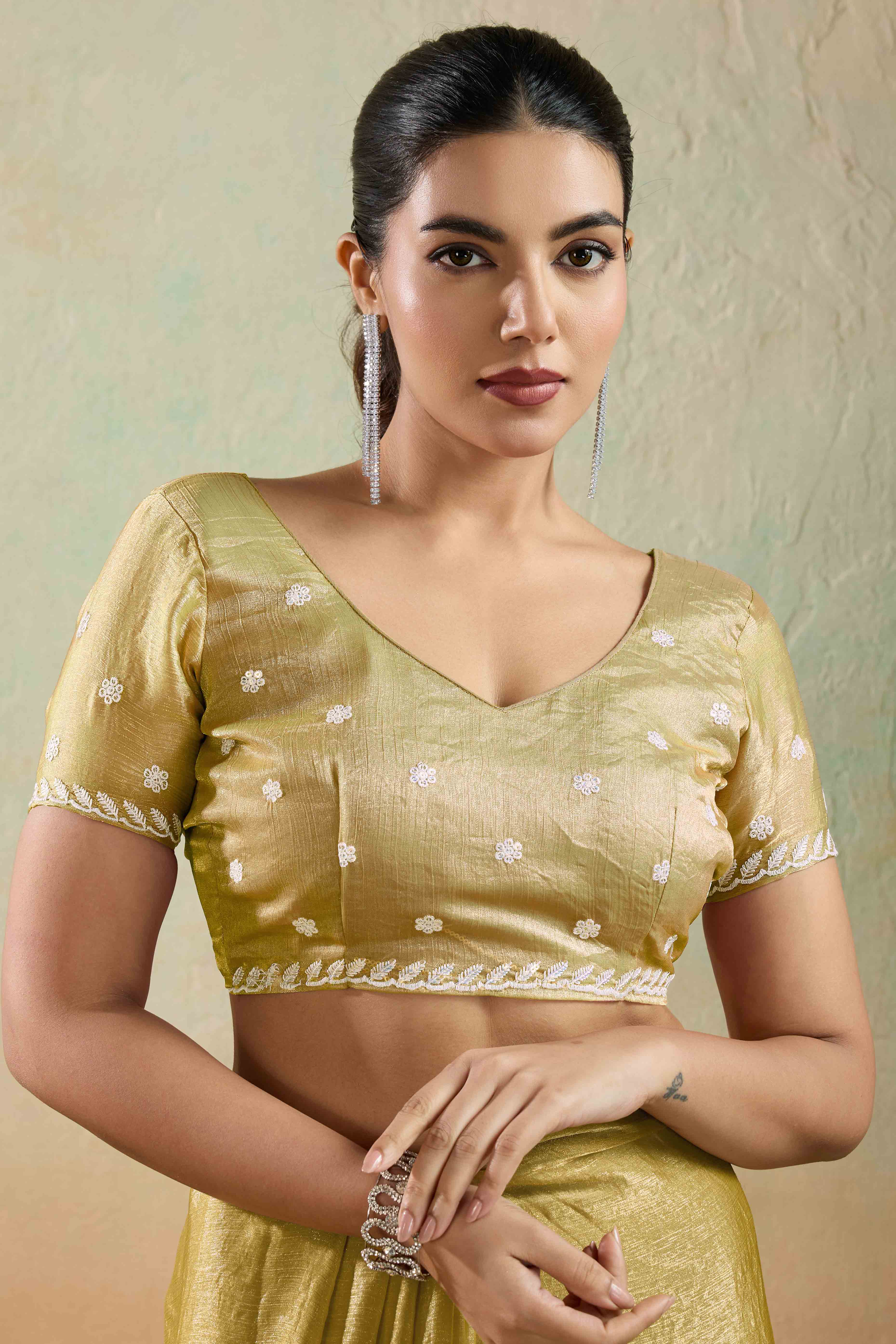 Olive Chiffon Saree with Rich Velvet Accents & Thread Detailing