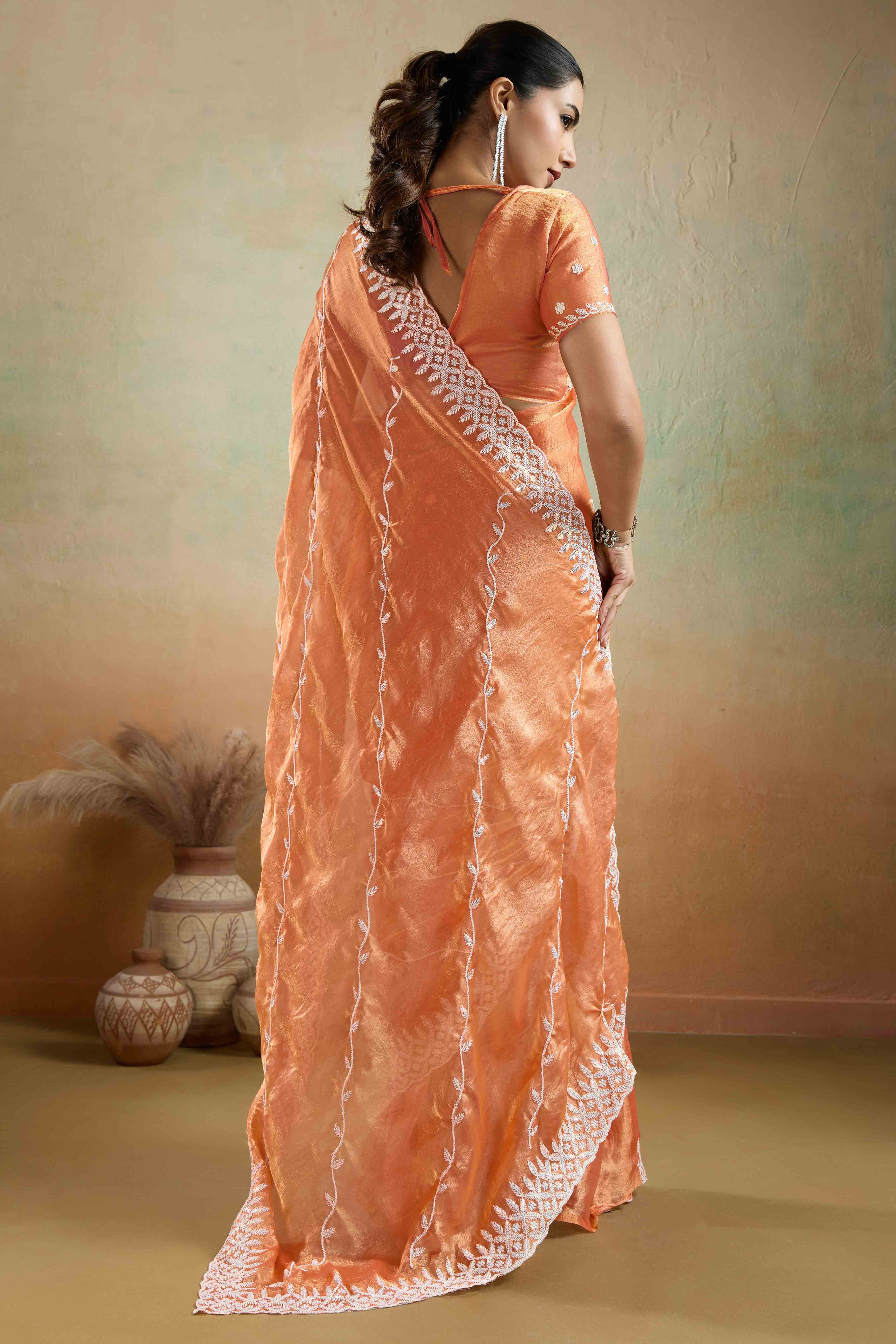Light Orange Chiffon Saree with Rich Velvet Accents & Thread Detailing