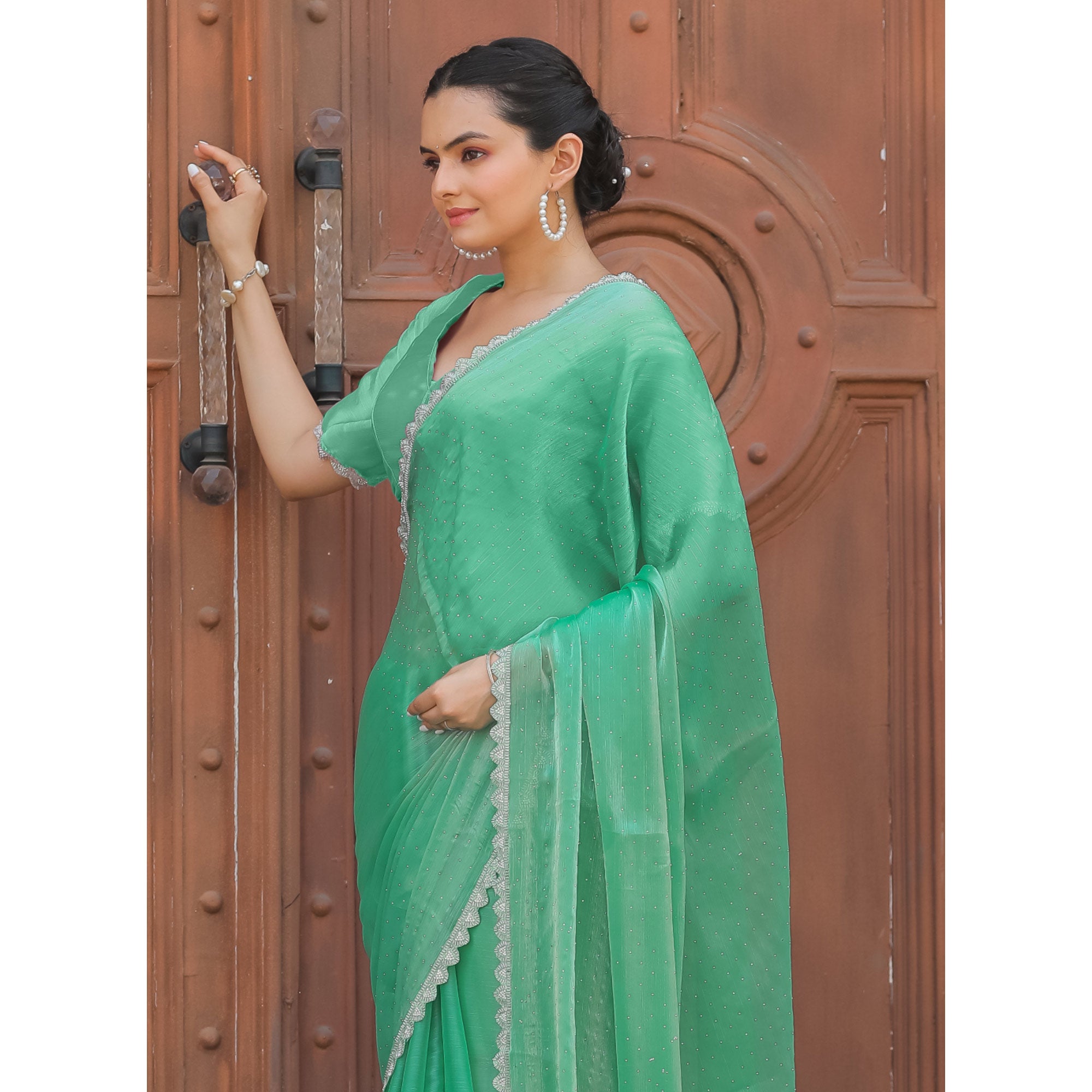 Sea Green Stonework Tussar Silk Saree