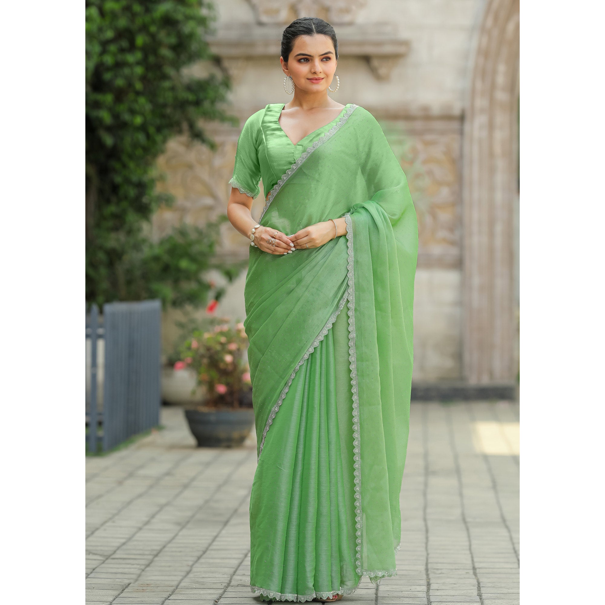 Green Stonework Tussar Silk Saree