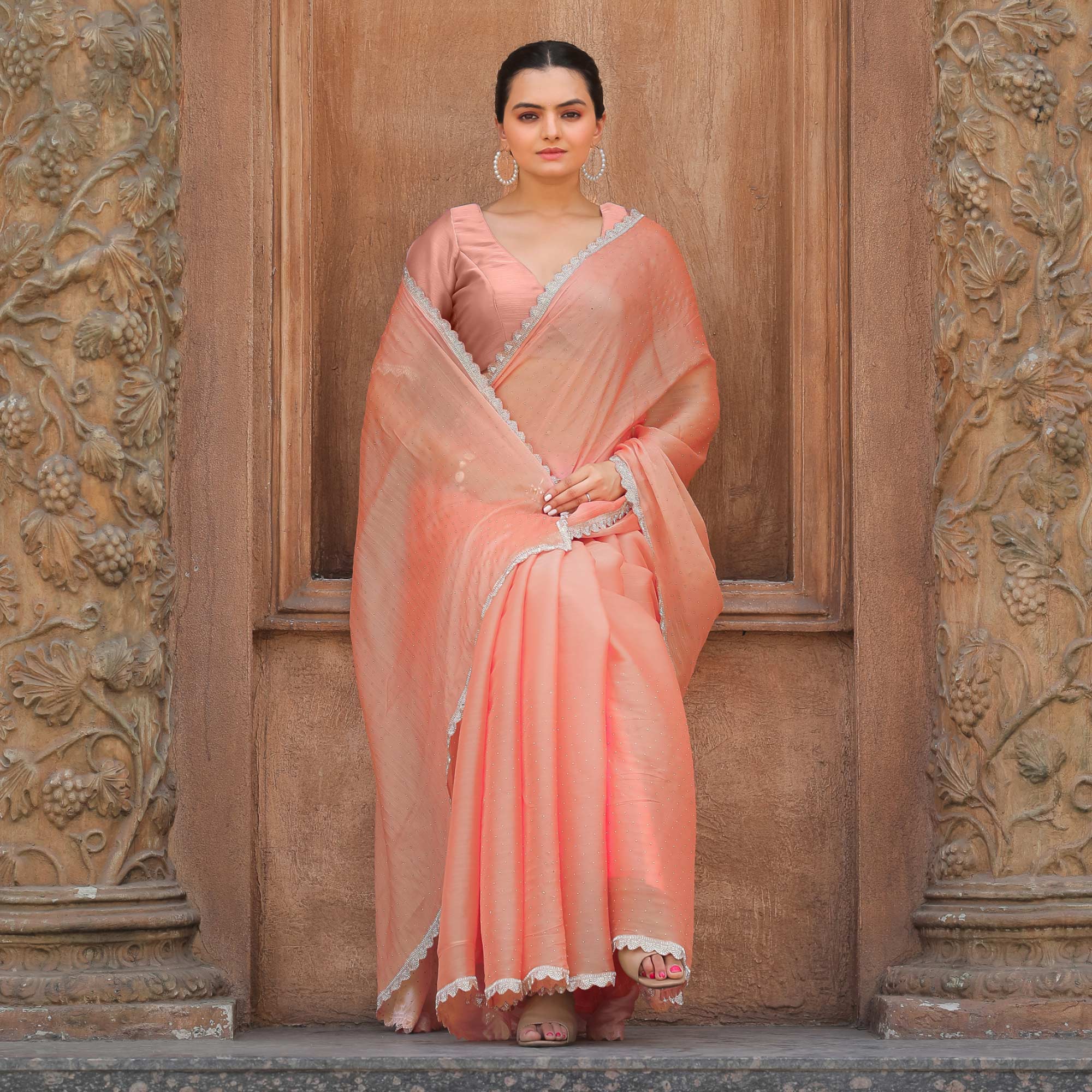 Peach Stonework Tussar Silk Saree