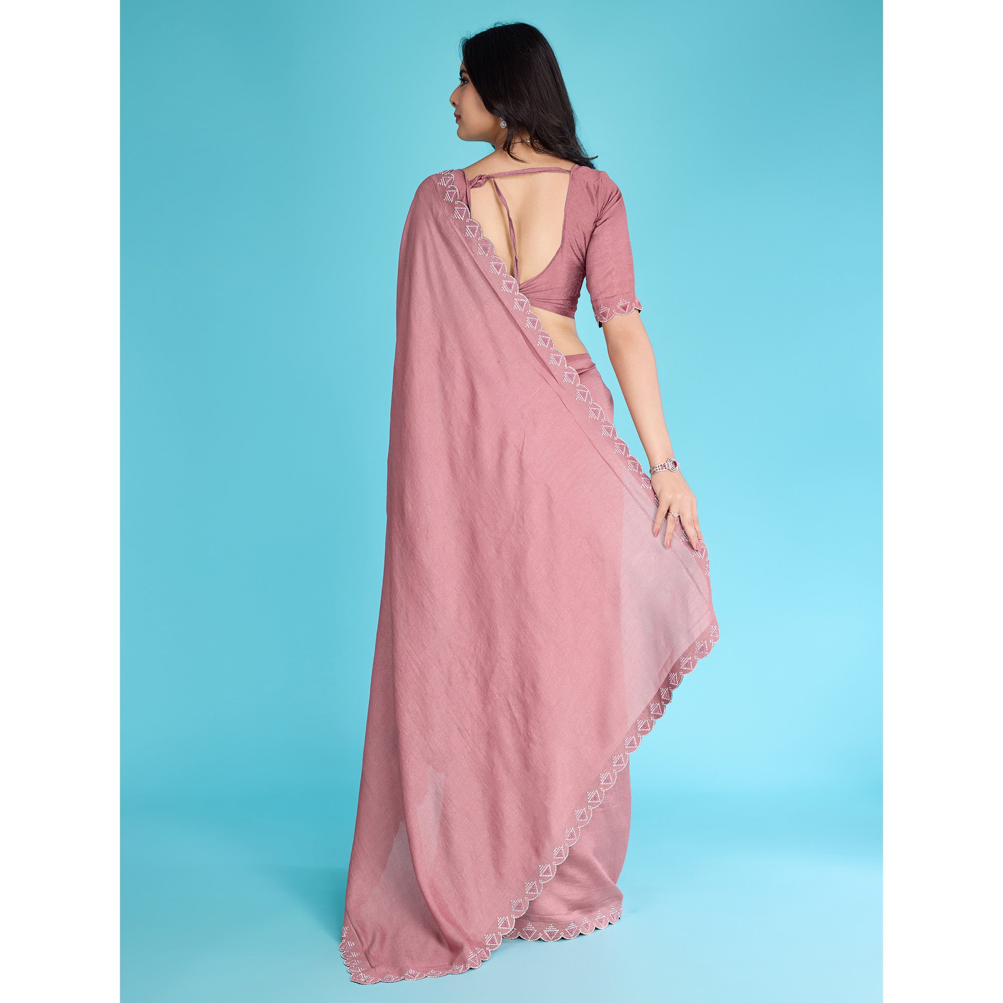 Dusty Rose Pink Solid With Zarkan & Pearl Diamond Lace Khadi Shimmer Saree