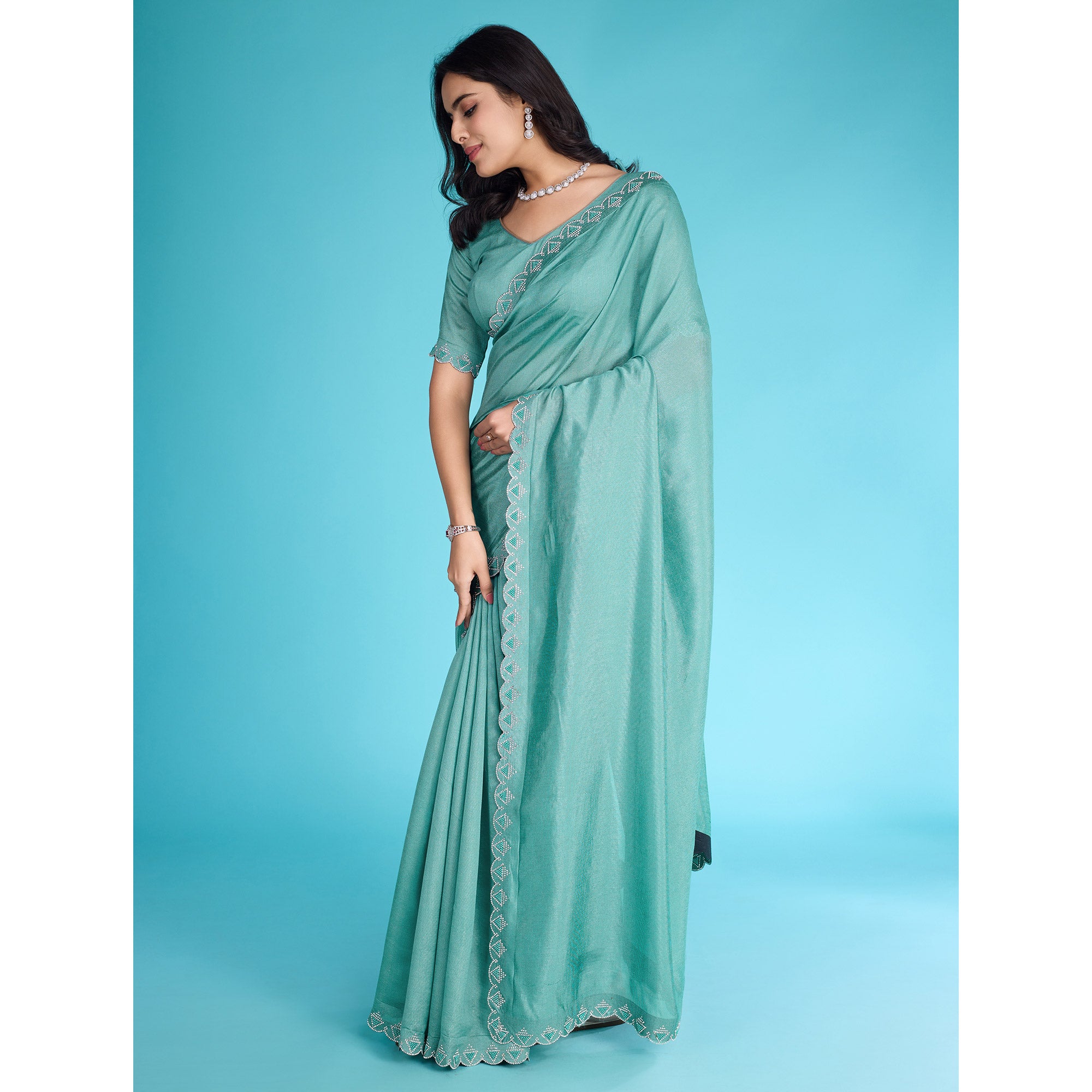 Turquoise Solid With Zarkan & Pearl Diamond Lace Khadi Shimmer Saree