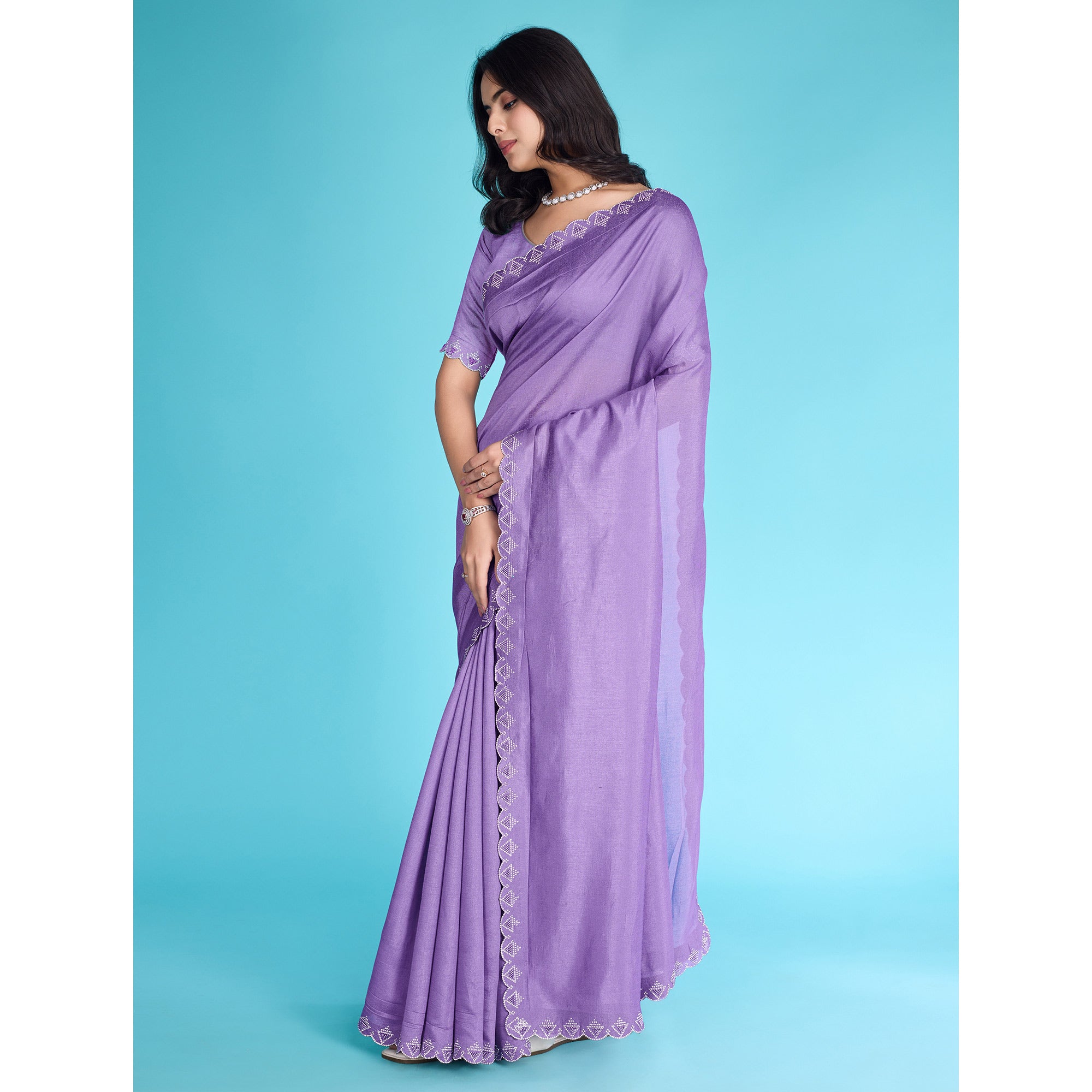 Lavender Solid With Zarkan & Pearl Diamond Lace Khadi Shimmer Saree