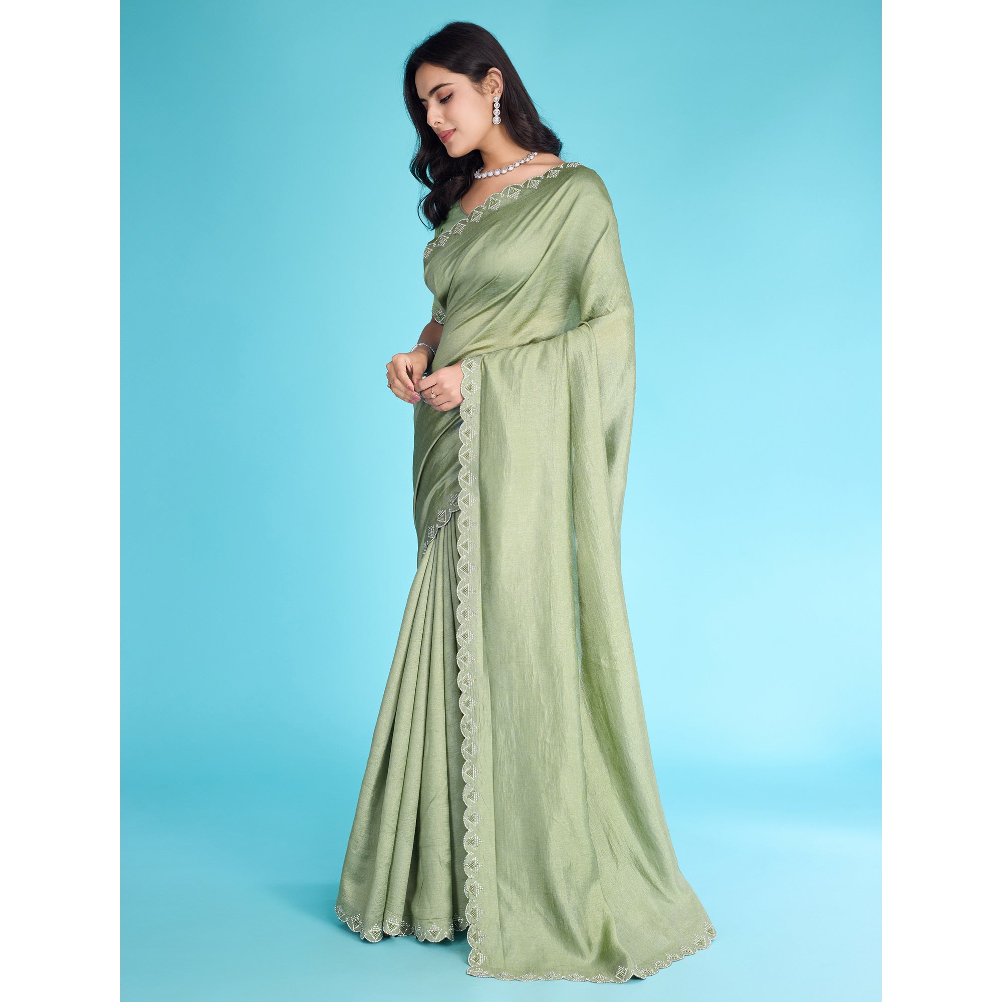 Green Solid With Zarkan & Pearl Diamond Lace Khadi Shimmer Saree