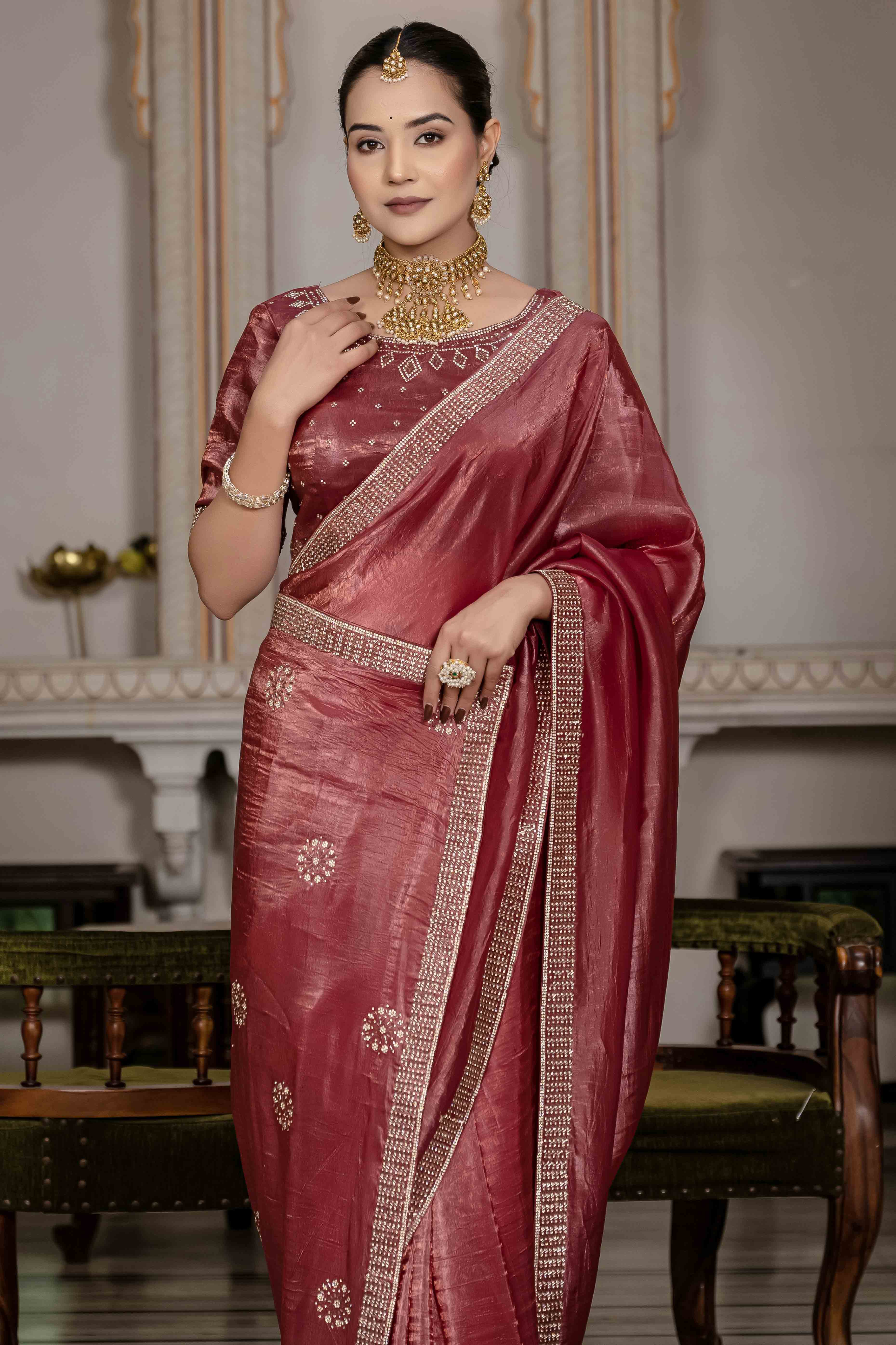 Brick Red Tissue Gold Crush Saree With Exquisite Cutdana & Zarkan Hand Embellishment