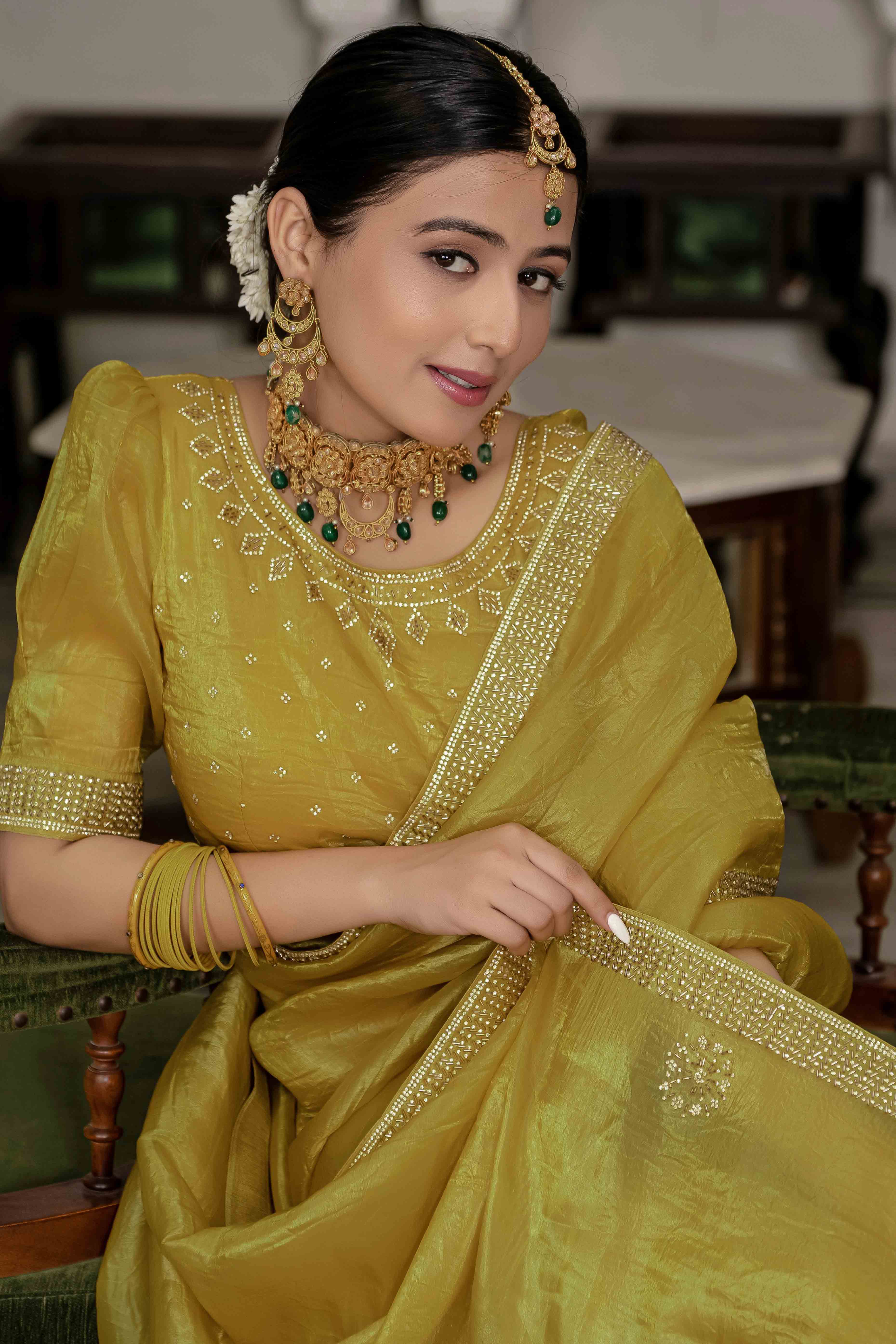 Mustard Tissue Gold Crush Saree With Exquisite Cutdana & Zarkan Hand Embellishment