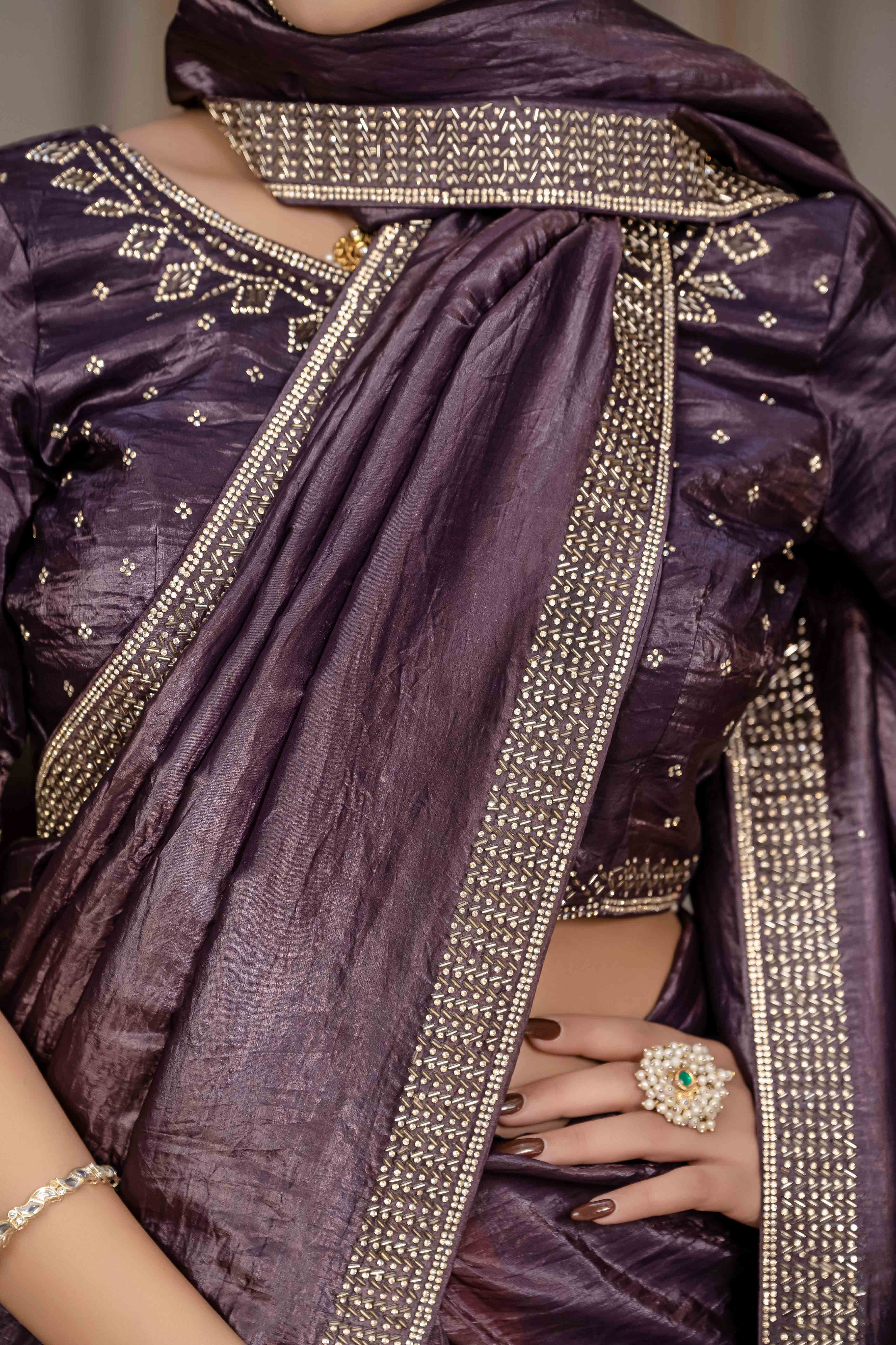 Purple Tissue Gold Crush Saree With Exquisite Cutdana & Zarkan Hand Embellishment