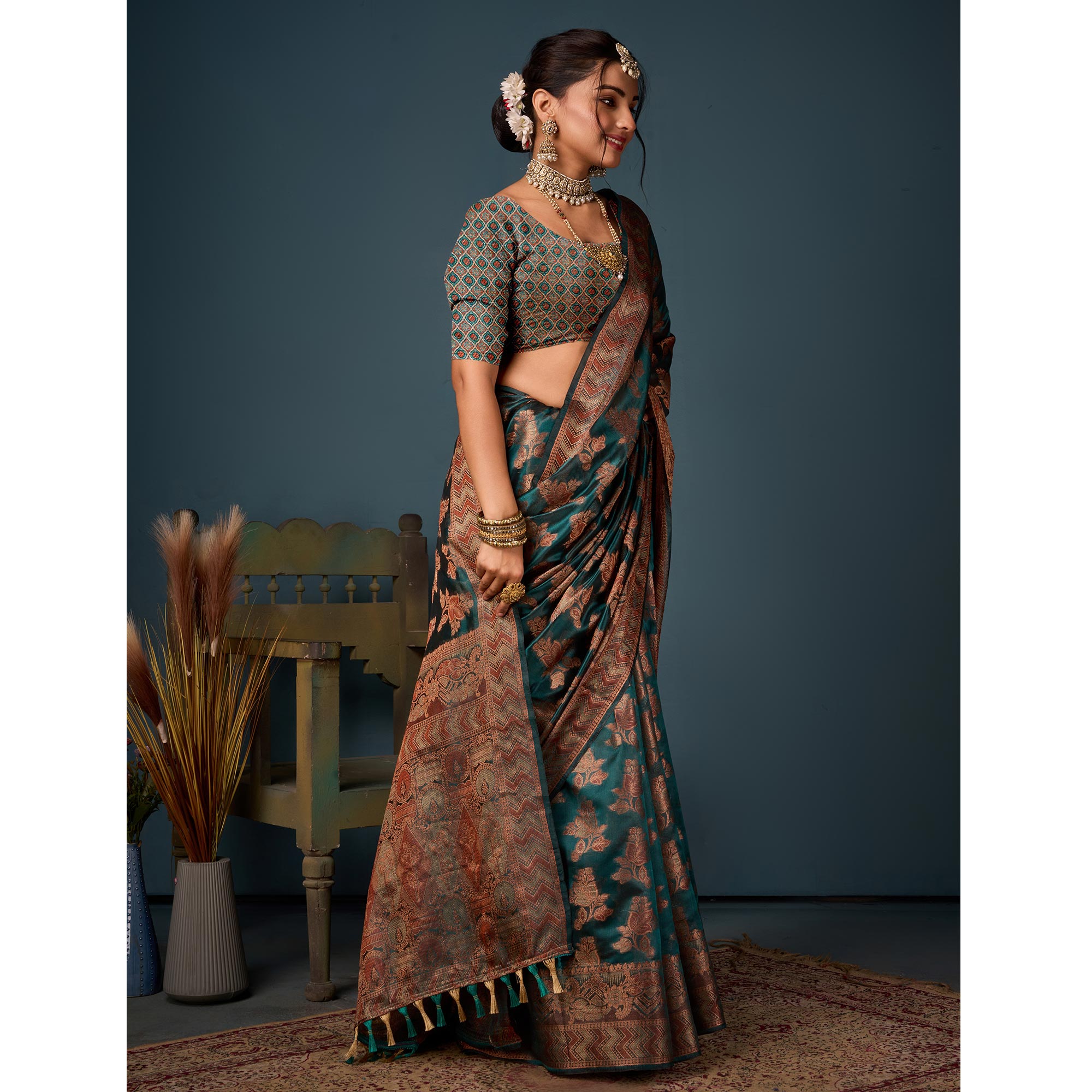 Rama Green Floral Woven Organza Saree With Tassels