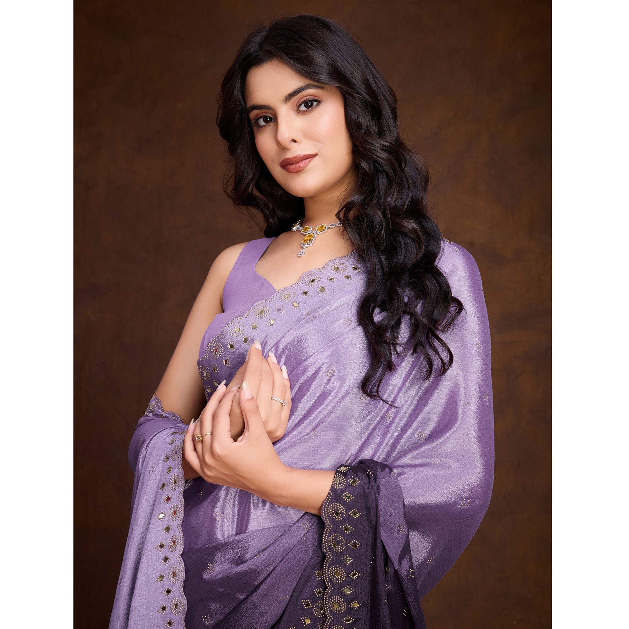 Lavender Ombre Chinon Saree With Mirror Border