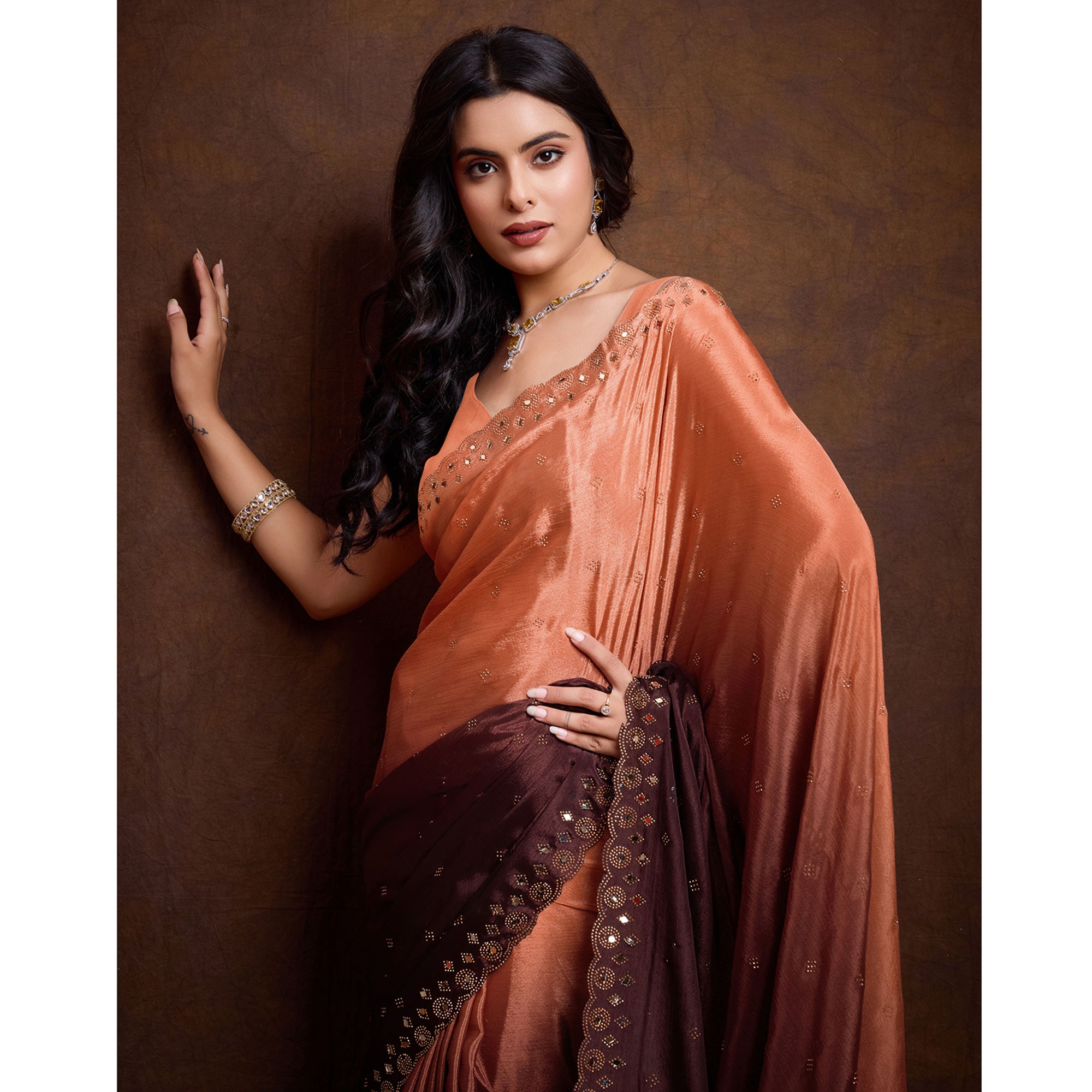 Orange & Brown Ombre Chinon Saree With Mirror Border