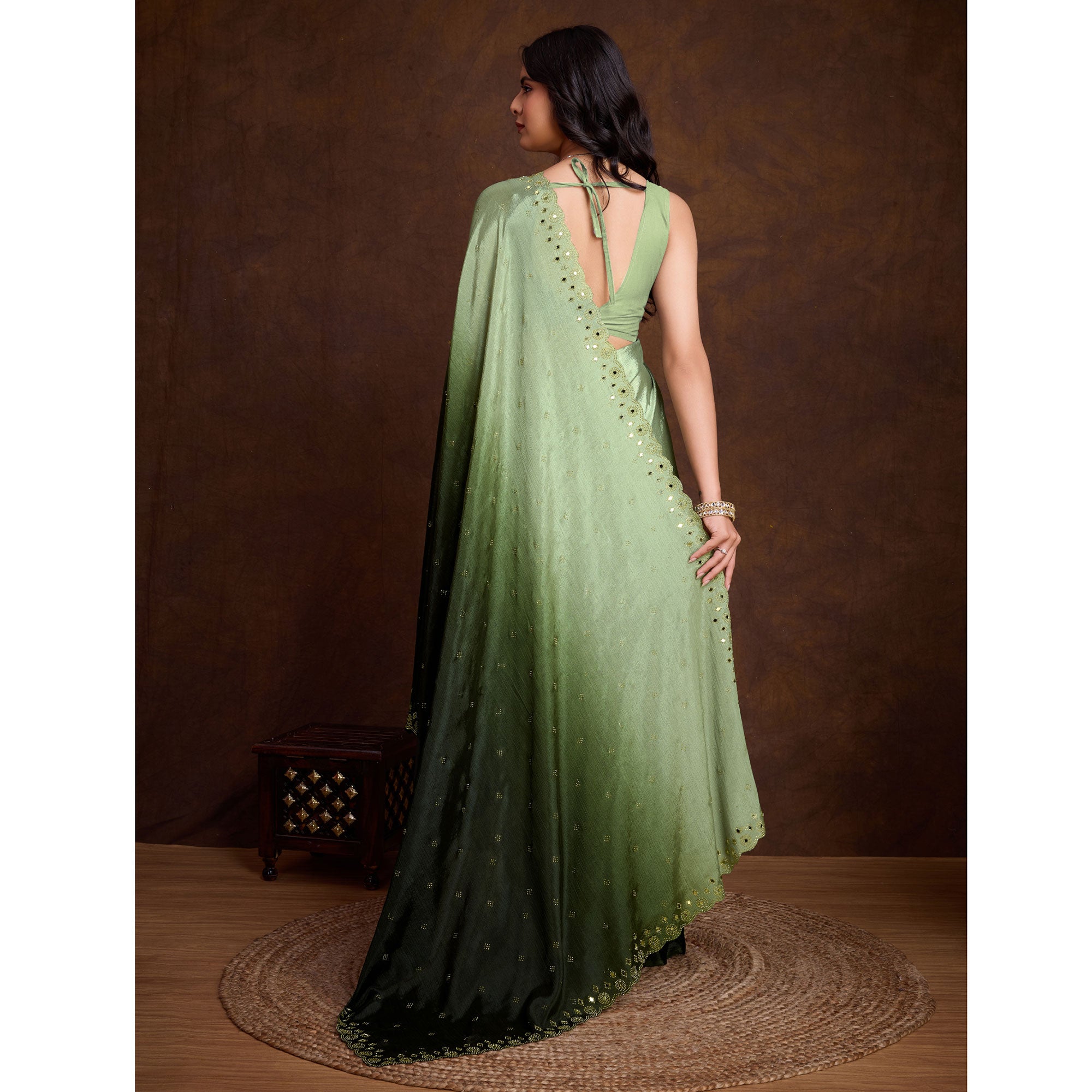 Green Ombre Chinon Saree With Mirror Border