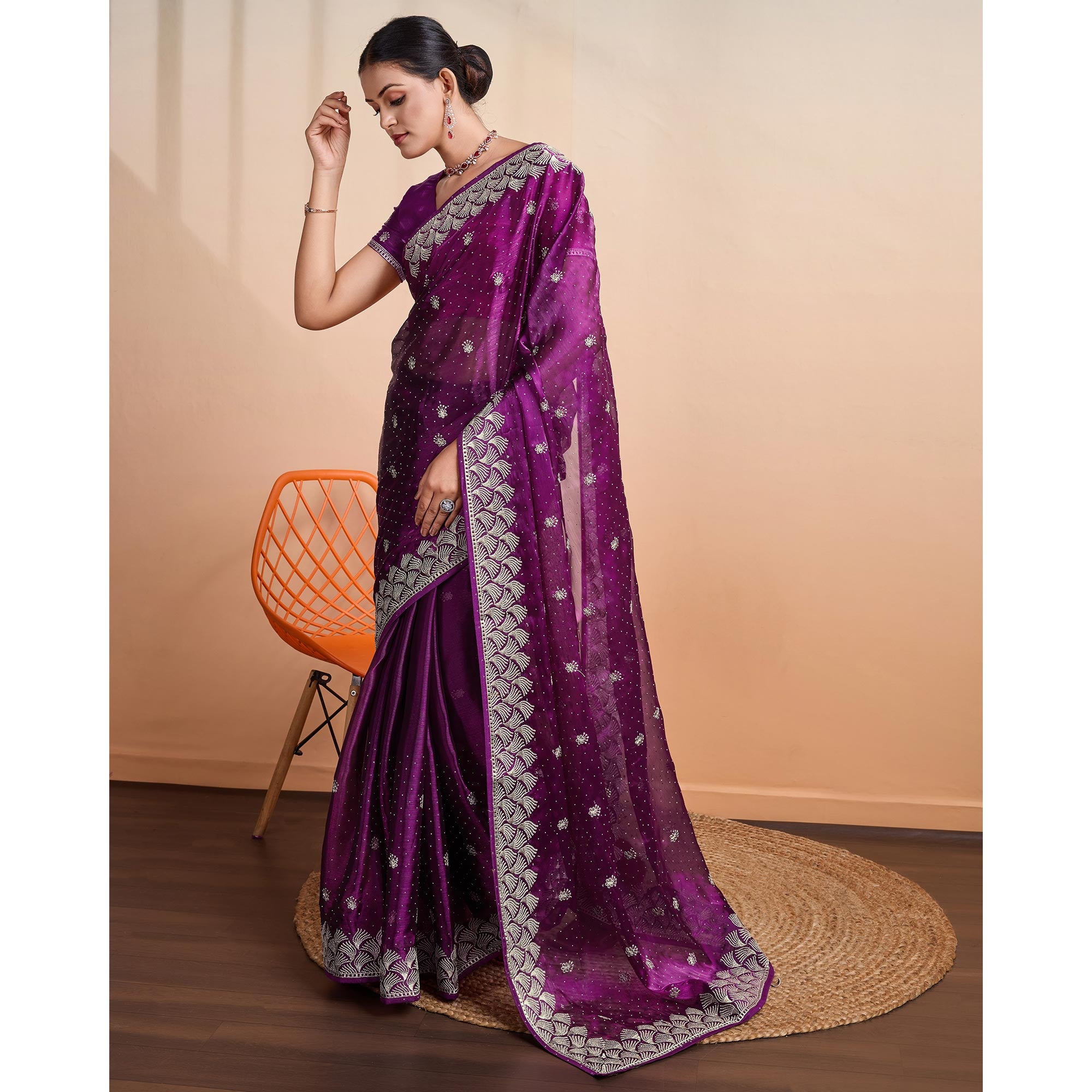 Purple Embroidered Tussar Silk Saree